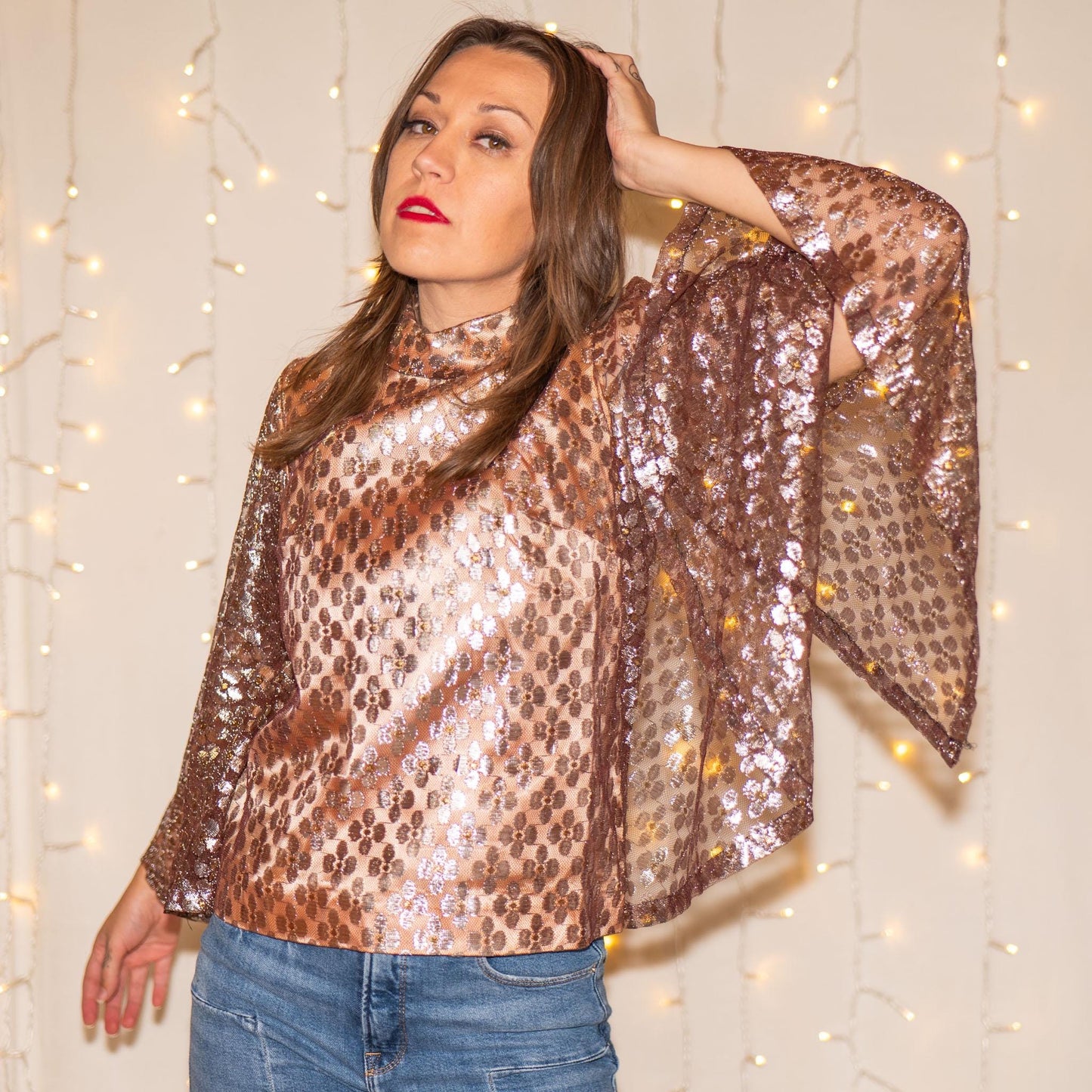 vintage 60s shimmery floral lurex cape blouse