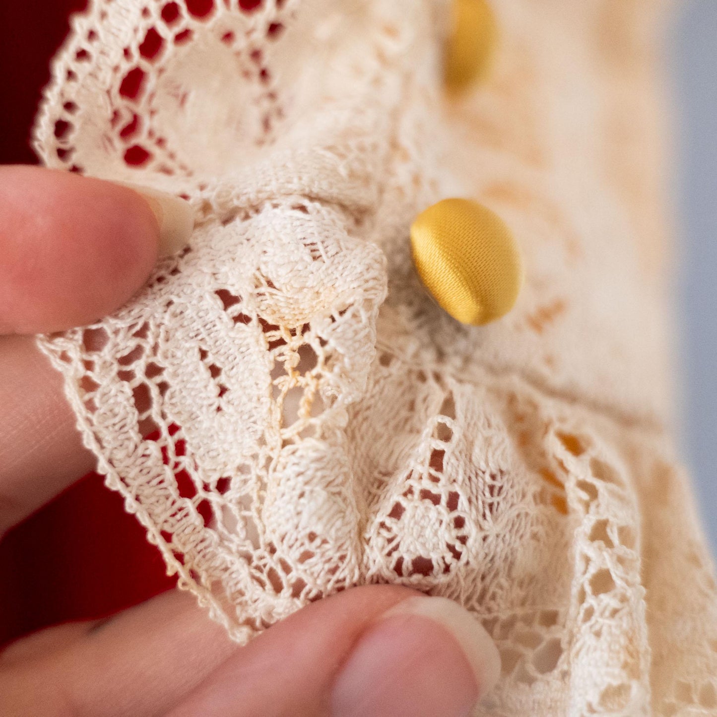 vintage 70s lace & velvet maxi dress with mustard satin bow