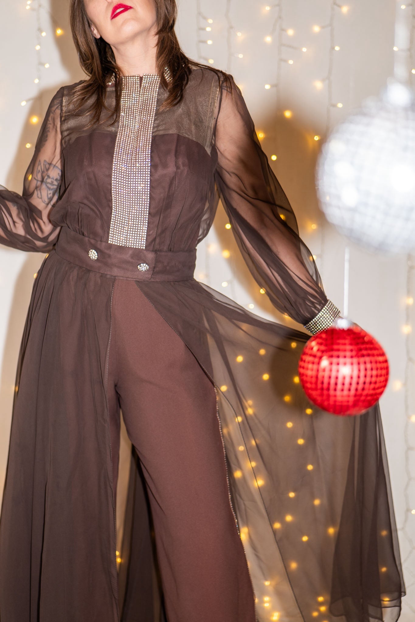 vintage 60s rhinestone collared jumpsuit with sheer skirt