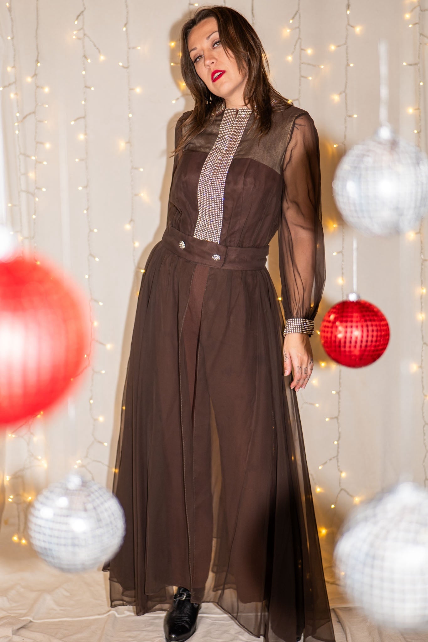 vintage 60s rhinestone collared jumpsuit with sheer skirt