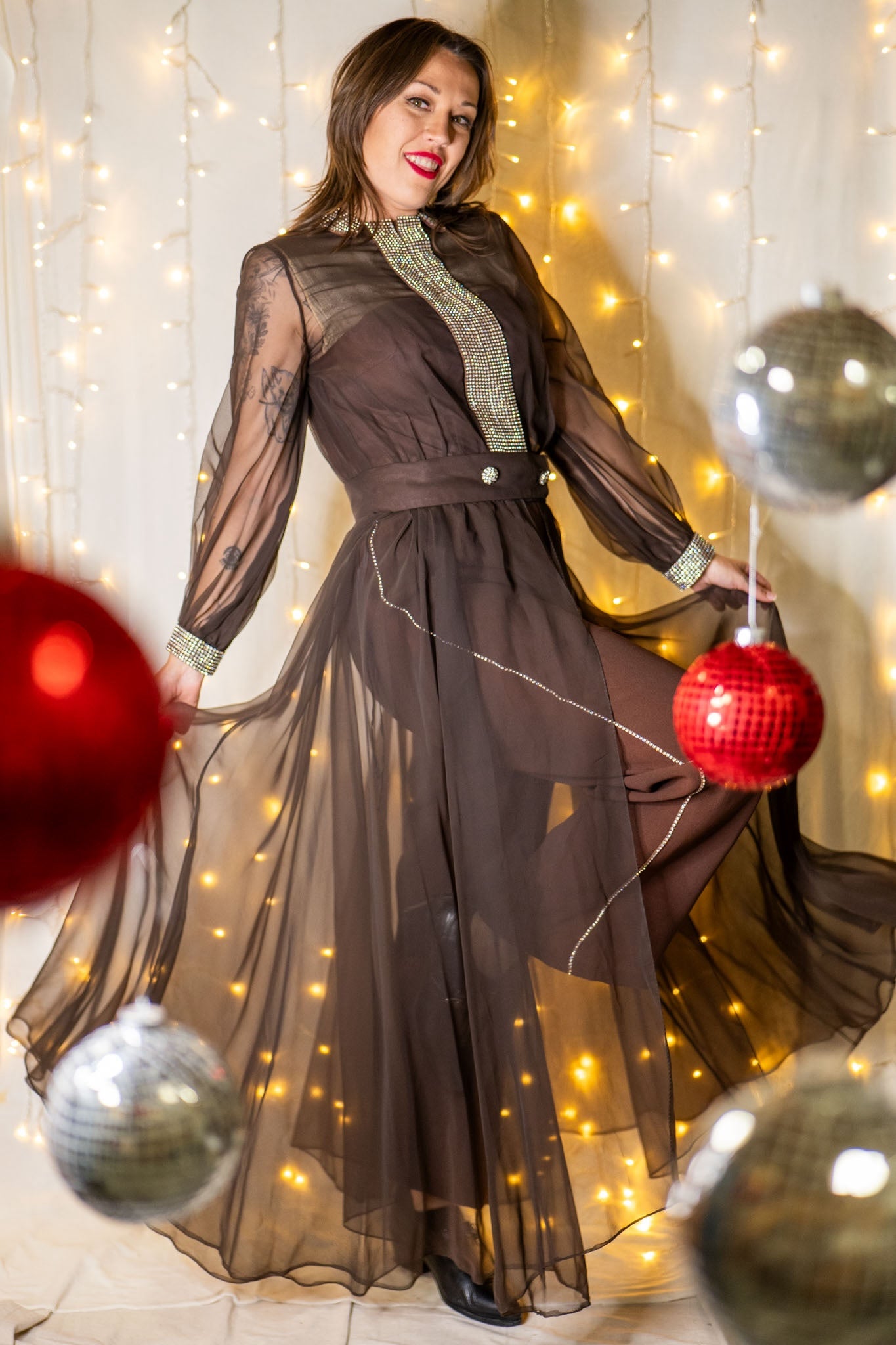 vintage 60s rhinestone collared jumpsuit with sheer skirt