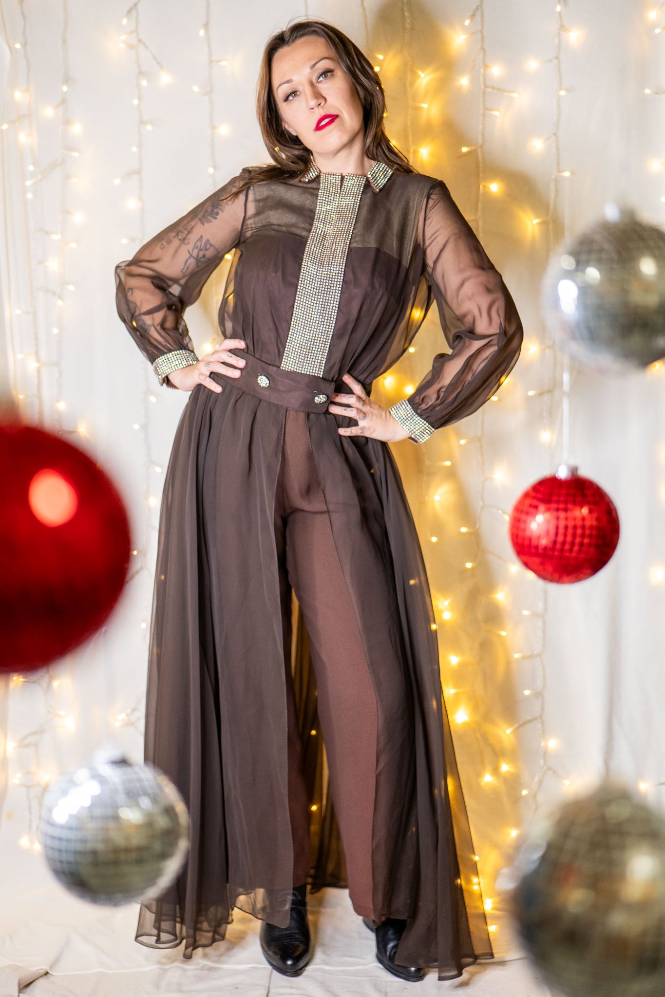 vintage 60s rhinestone collared jumpsuit with sheer skirt