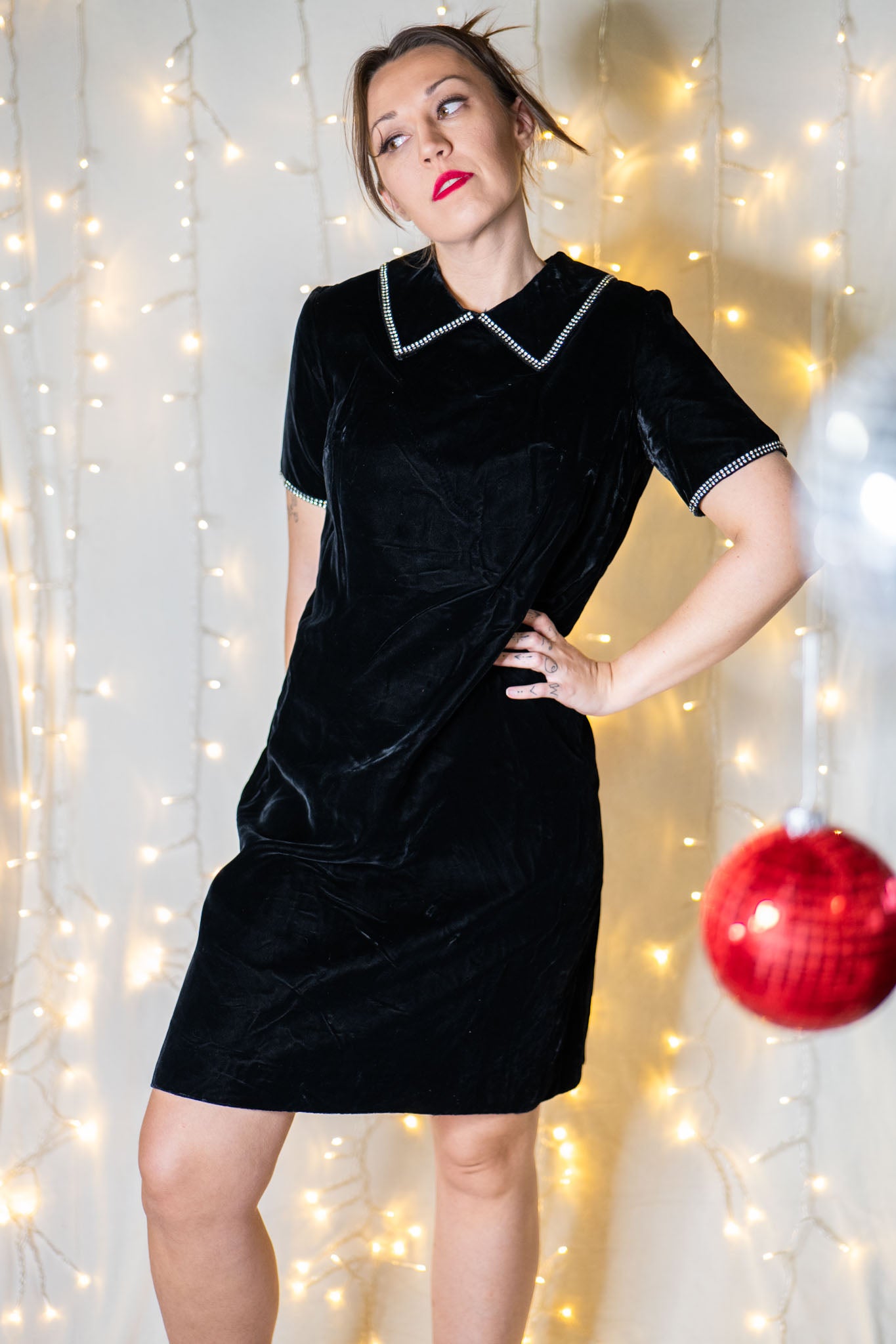 vintage 60s black velvet dress with rhinestone trim collar