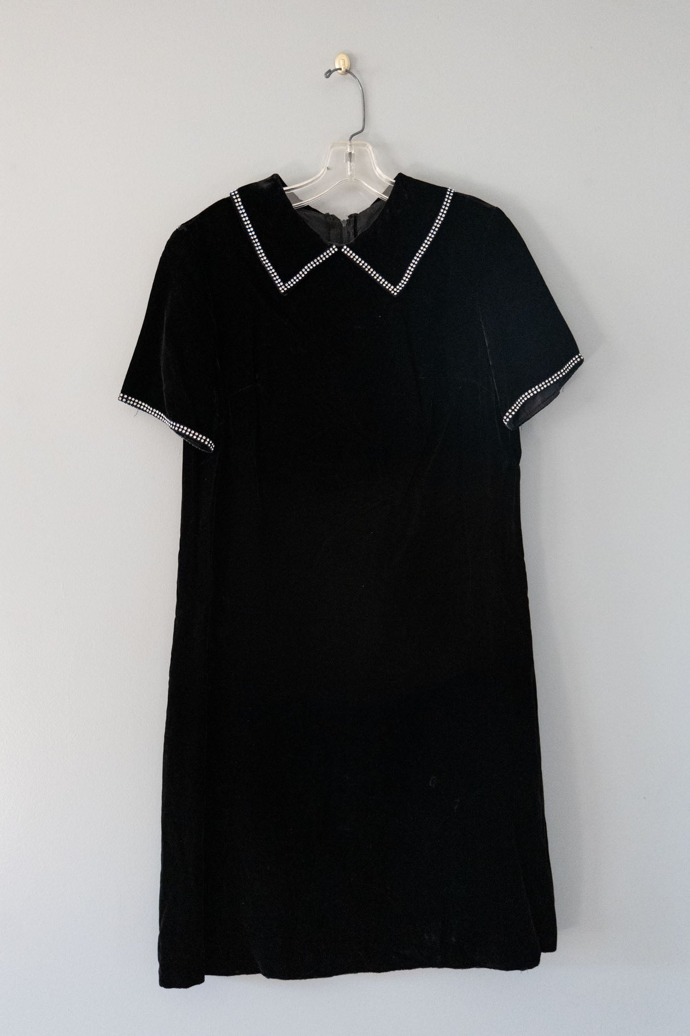 vintage 60s black velvet dress with rhinestone trim collar