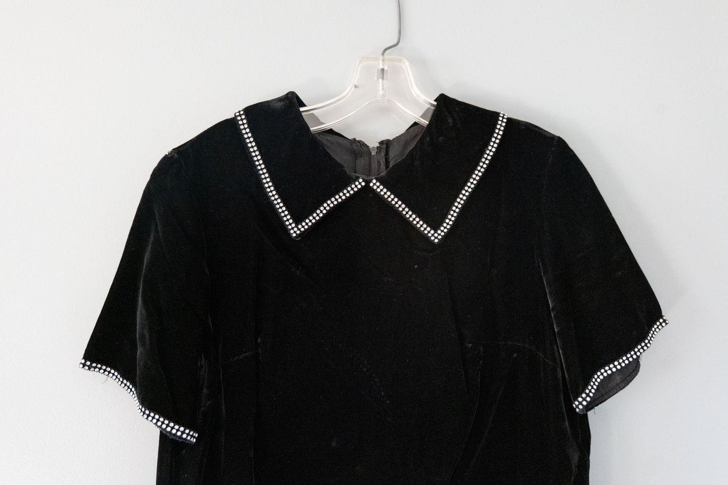vintage 60s black velvet dress with rhinestone trim collar