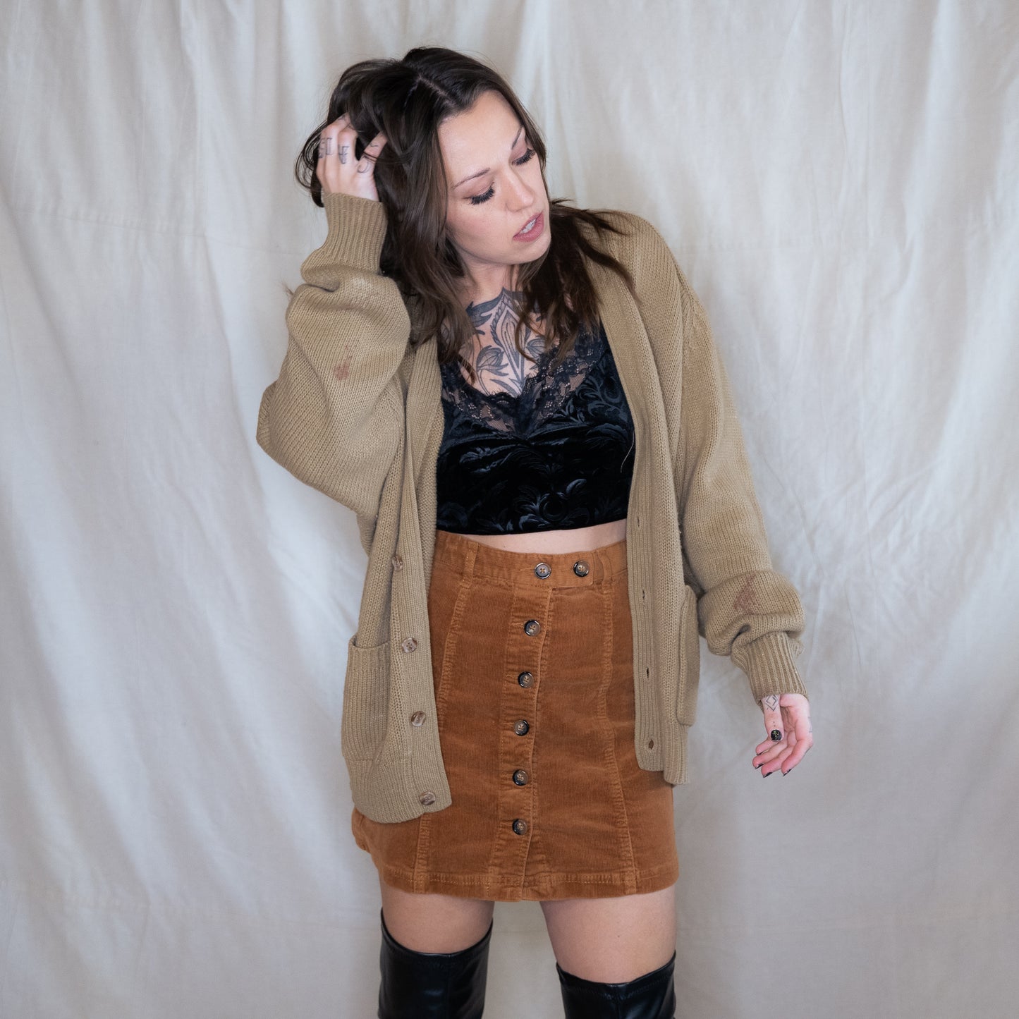 1970s vintage light brown painters cardigan sweater