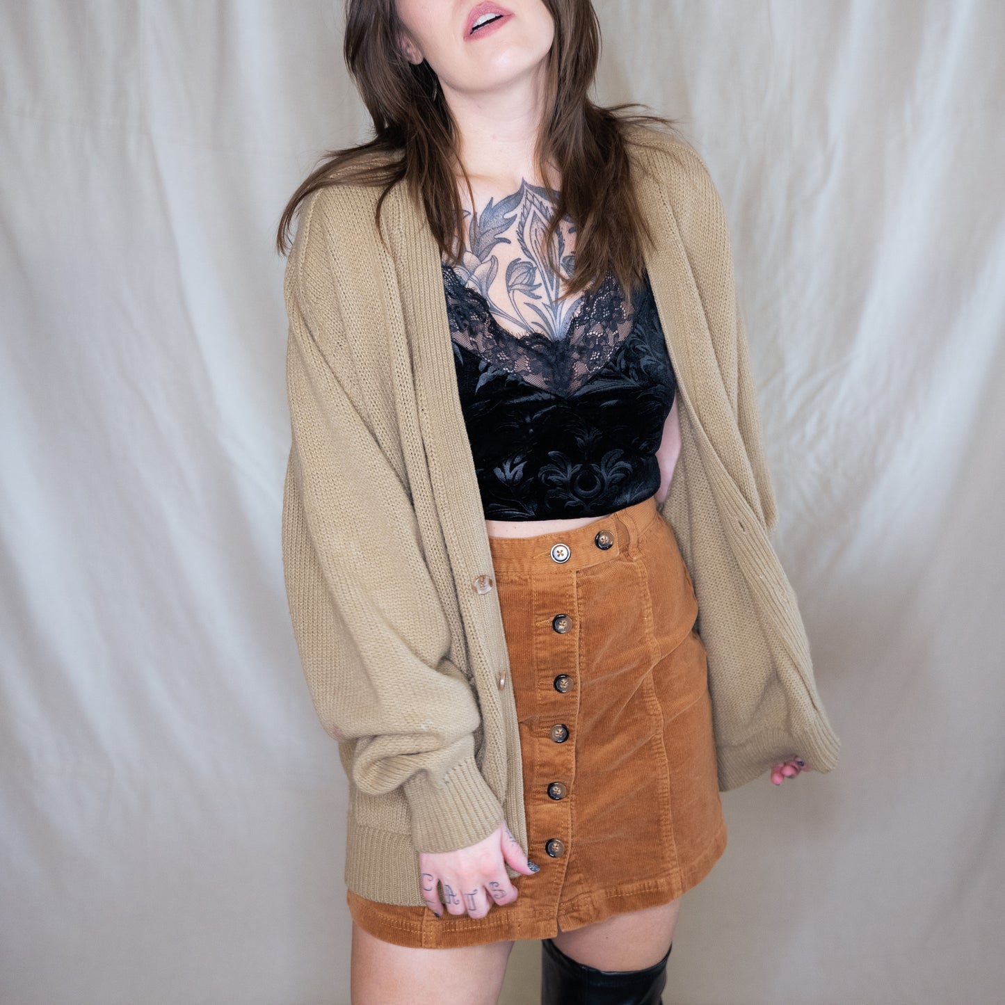 1970s vintage light brown painters cardigan sweater