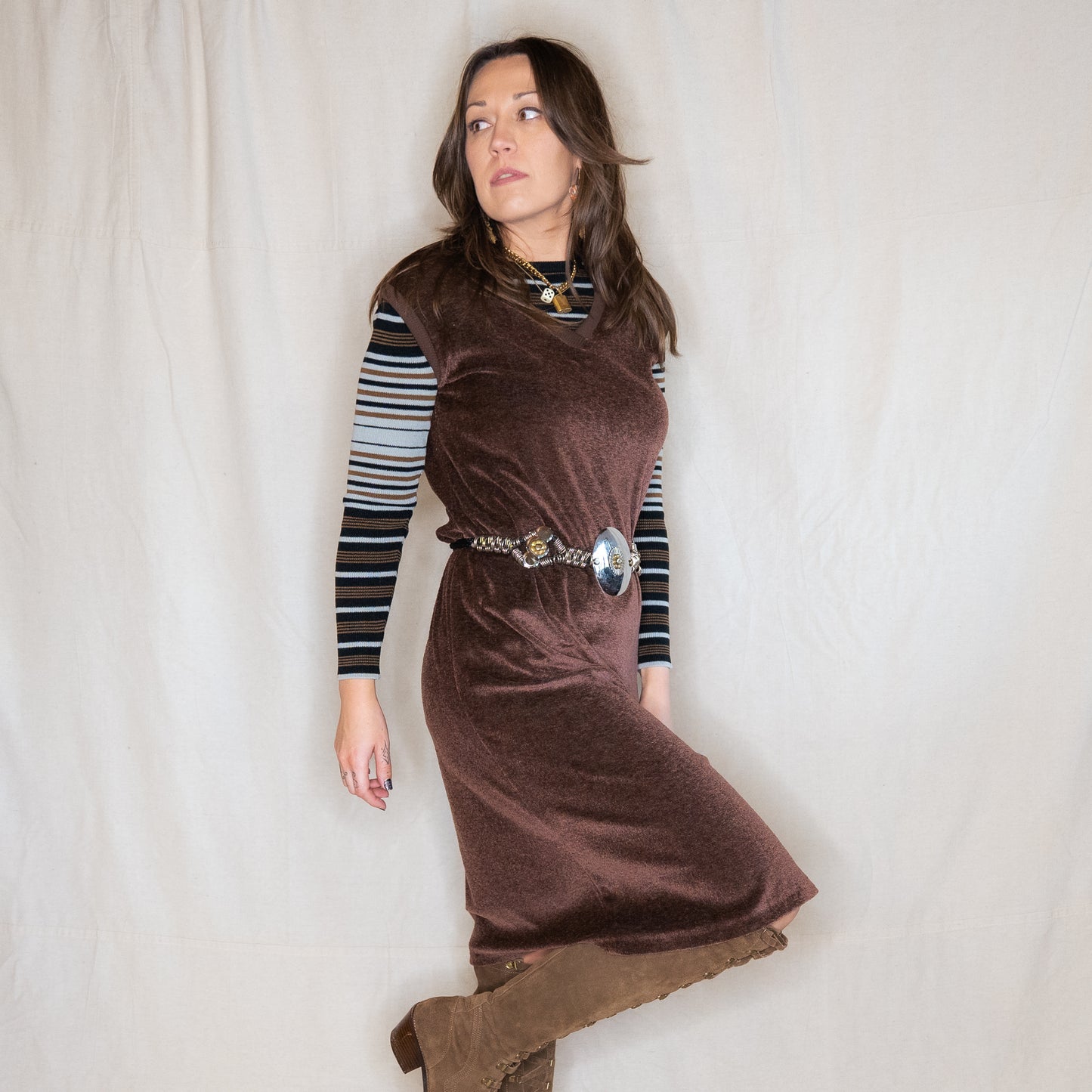 vintage 1970s velour sleeveless chocolate brown dress