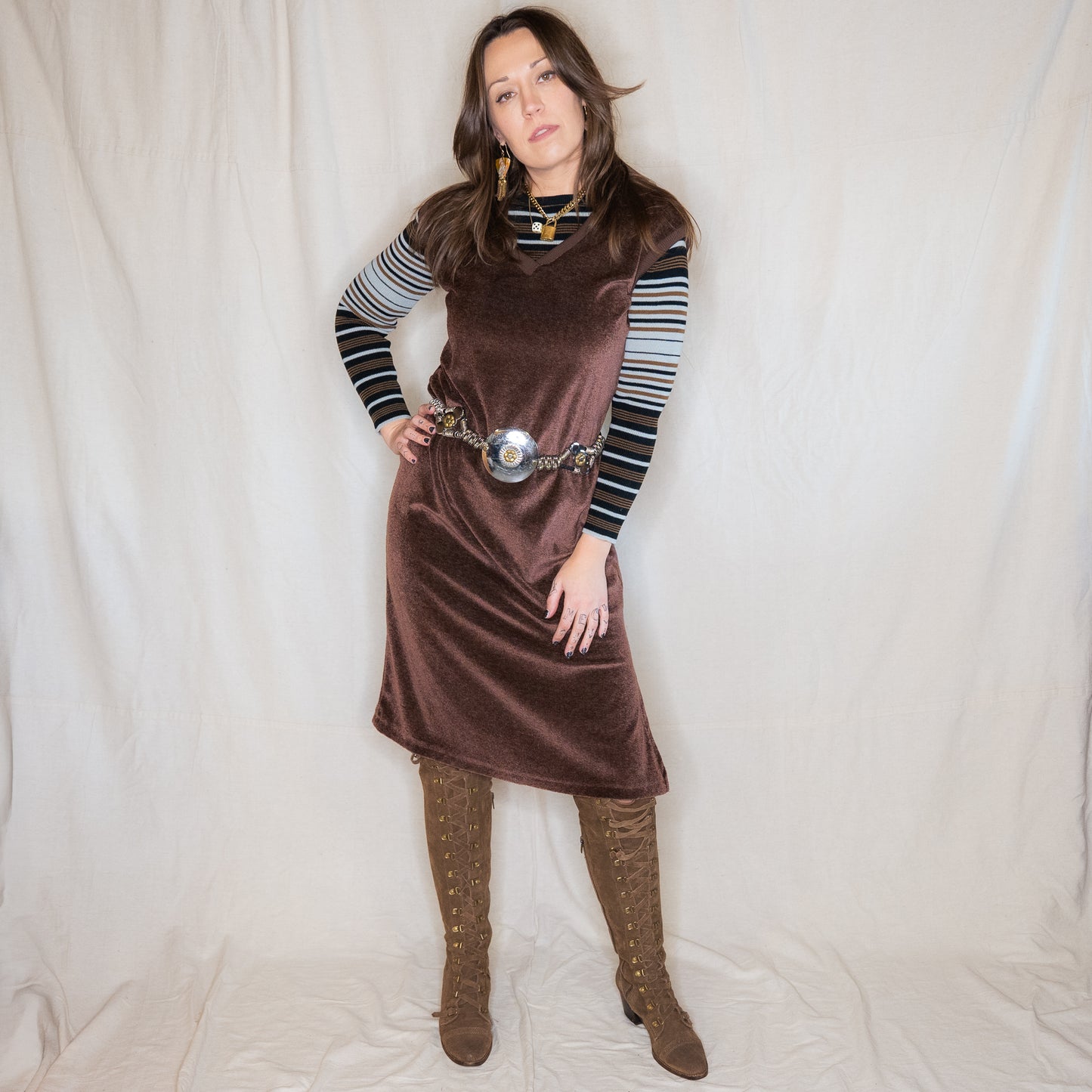 vintage 1970s velour sleeveless chocolate brown dress