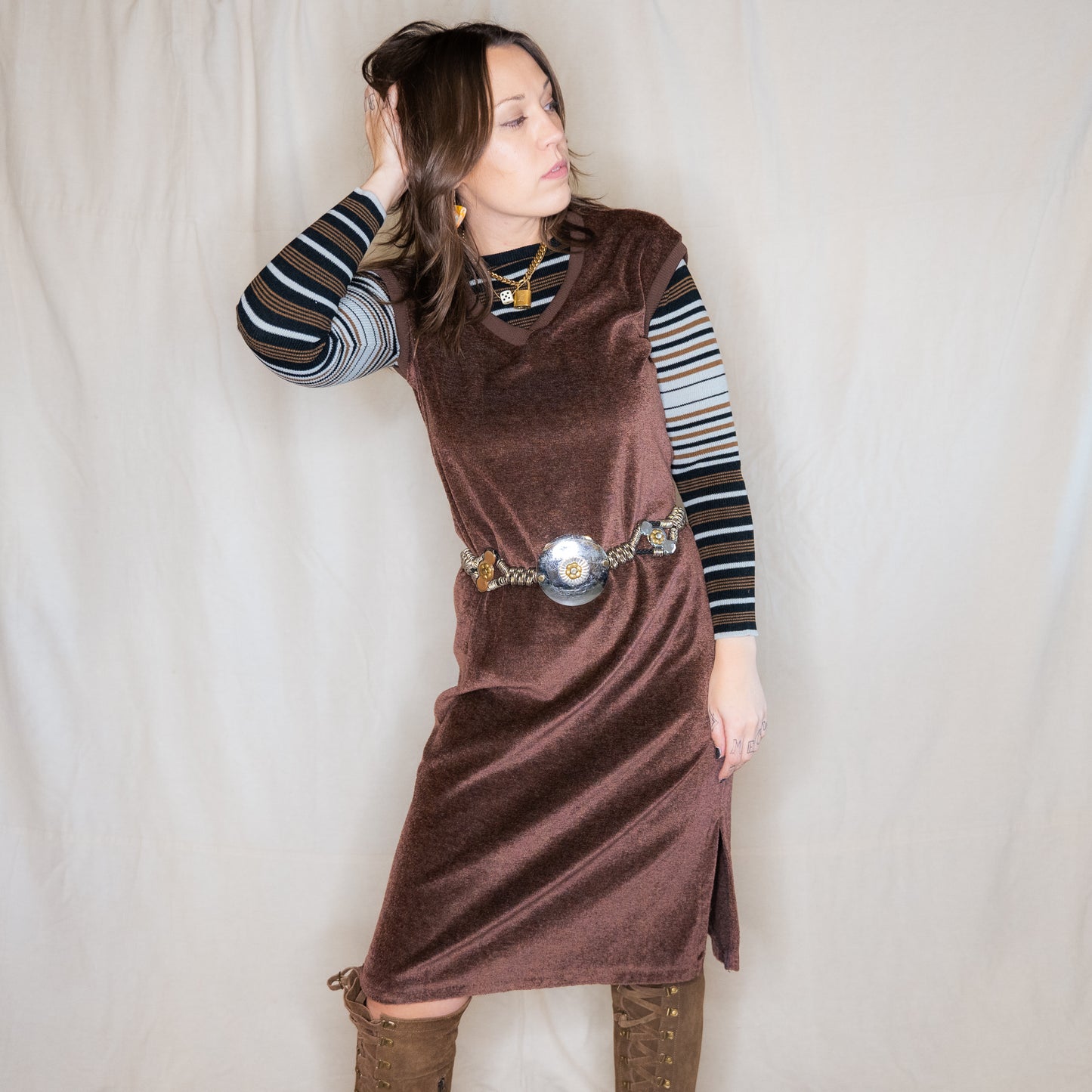 vintage 1970s velour sleeveless chocolate brown dress