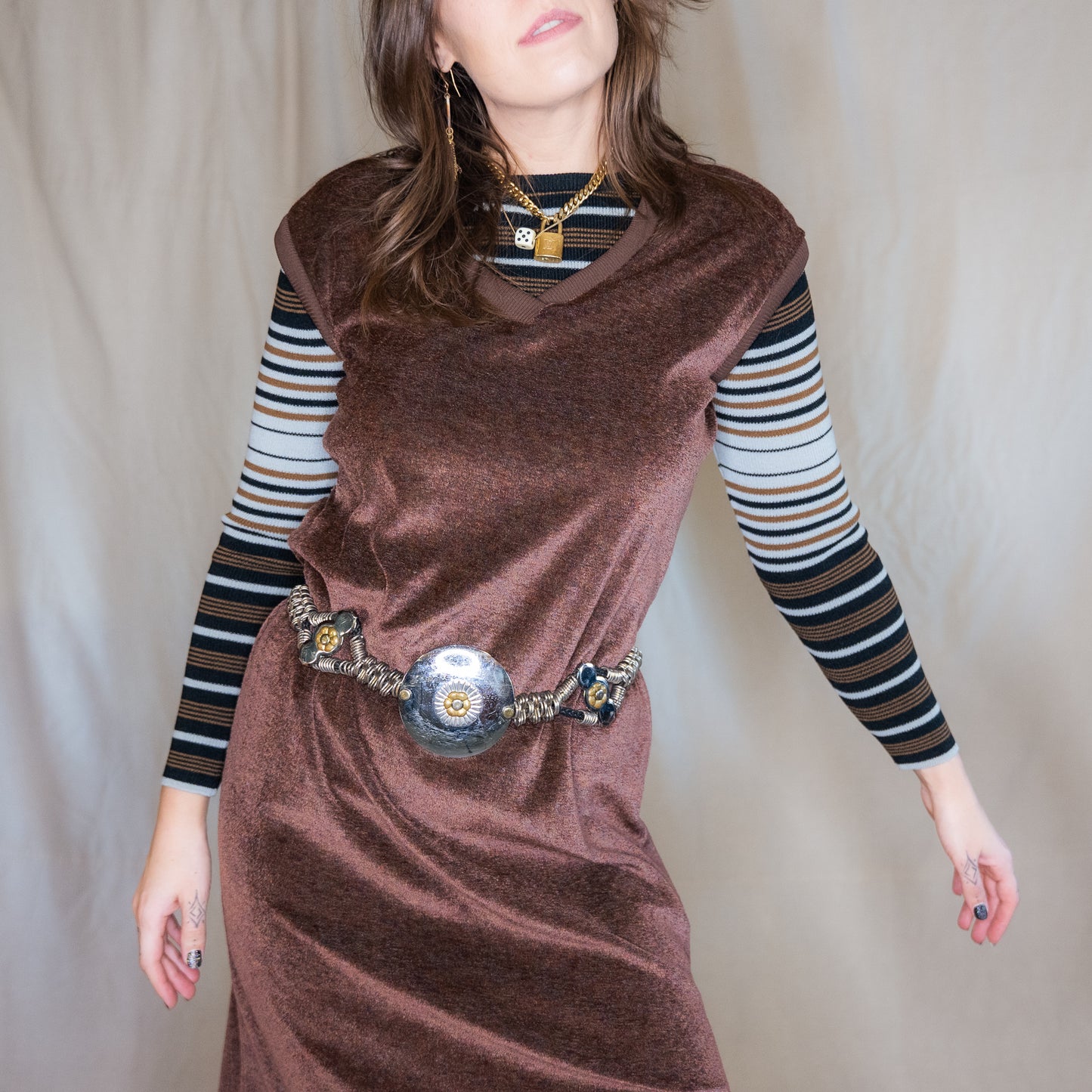 vintage 1970s velour sleeveless chocolate brown dress