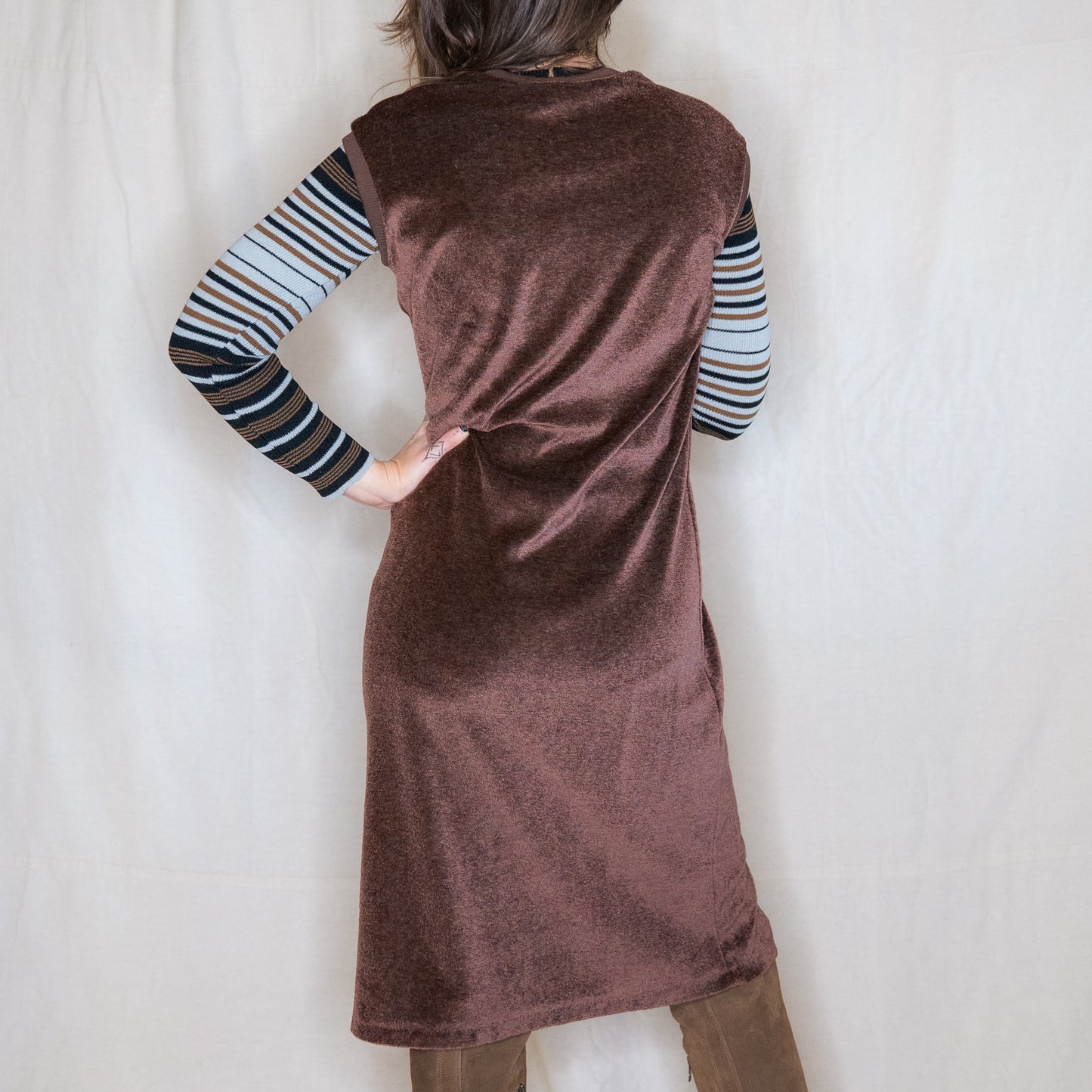 vintage 1970s velour sleeveless chocolate brown dress