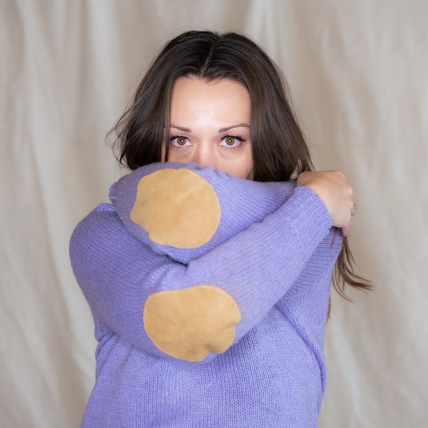 vintage 70s purple wool sweater with elbow pads