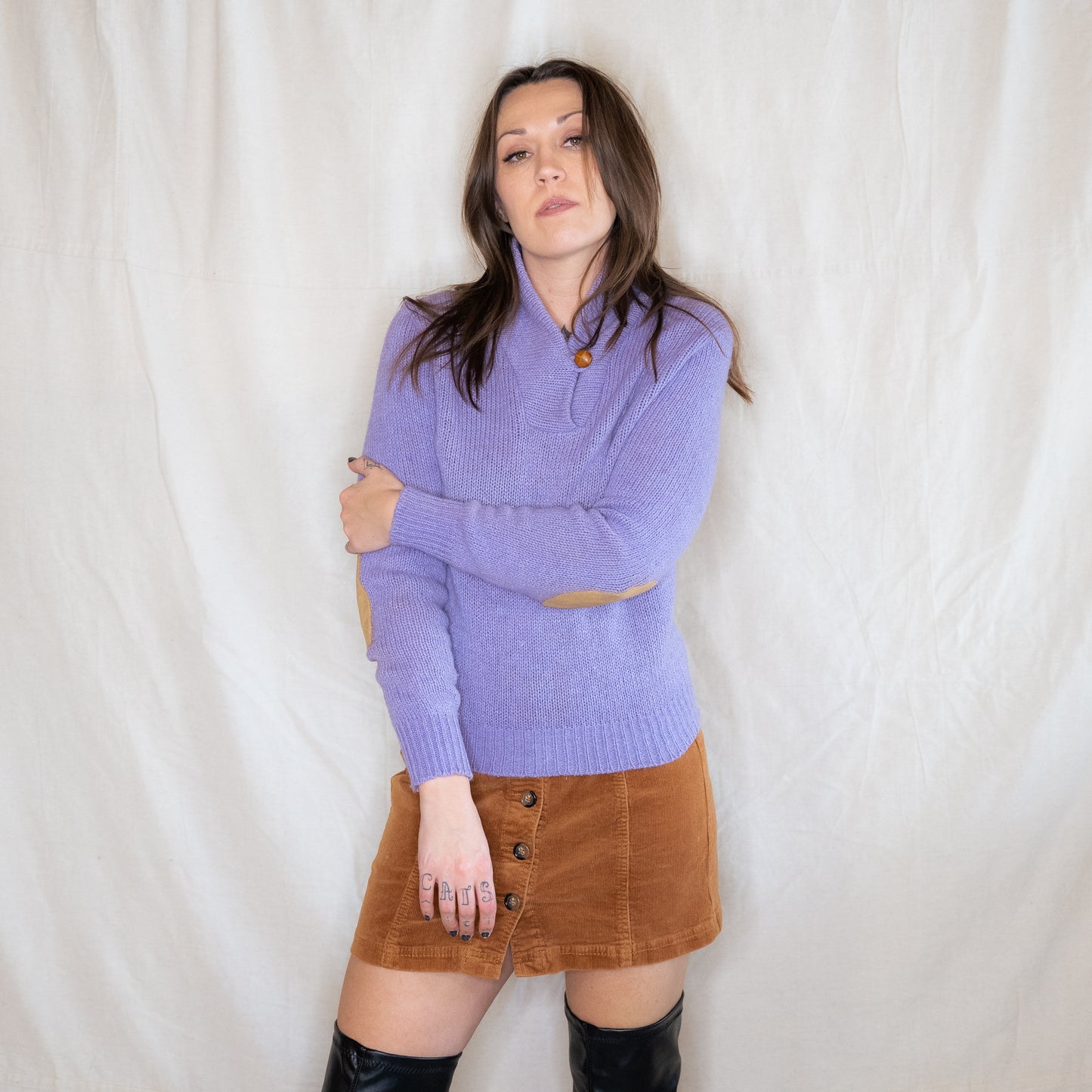 vintage 70s purple wool sweater with elbow pads