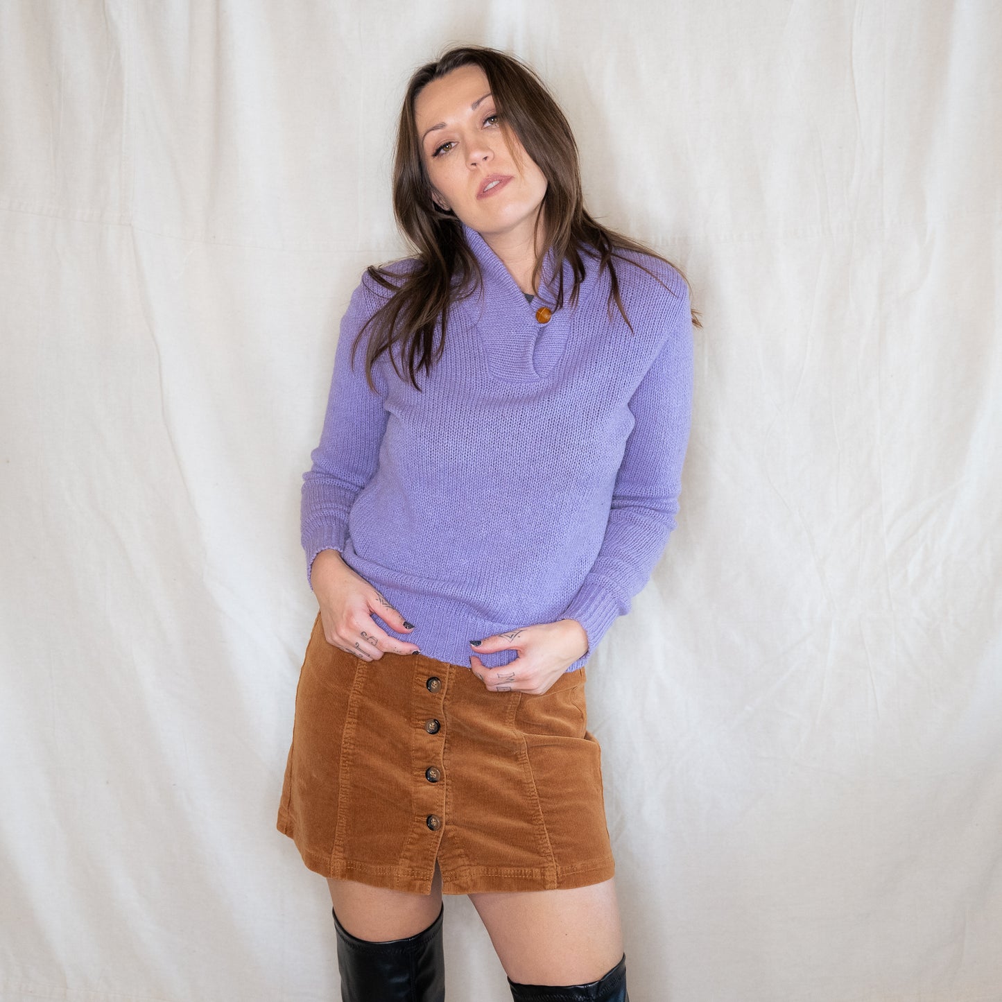 vintage 70s purple wool sweater with elbow pads