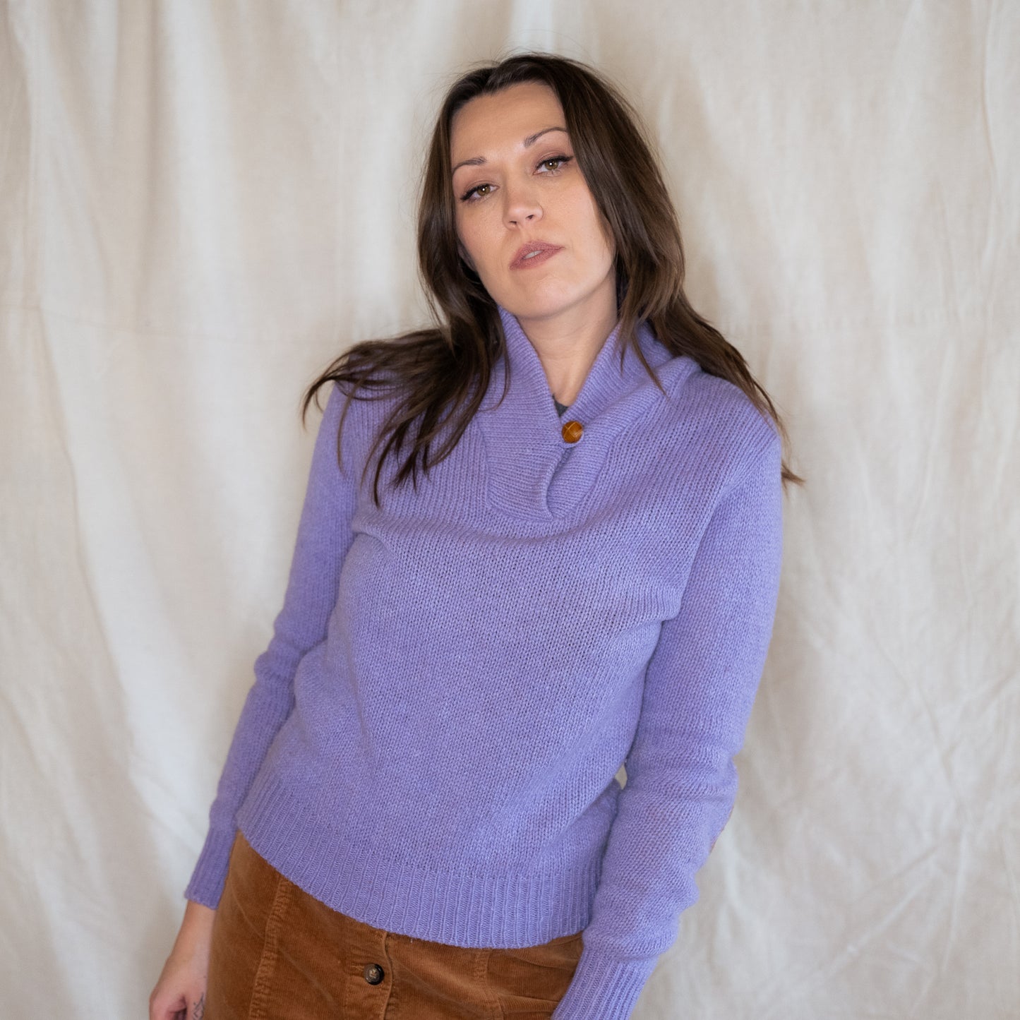 vintage 70s purple wool sweater with elbow pads