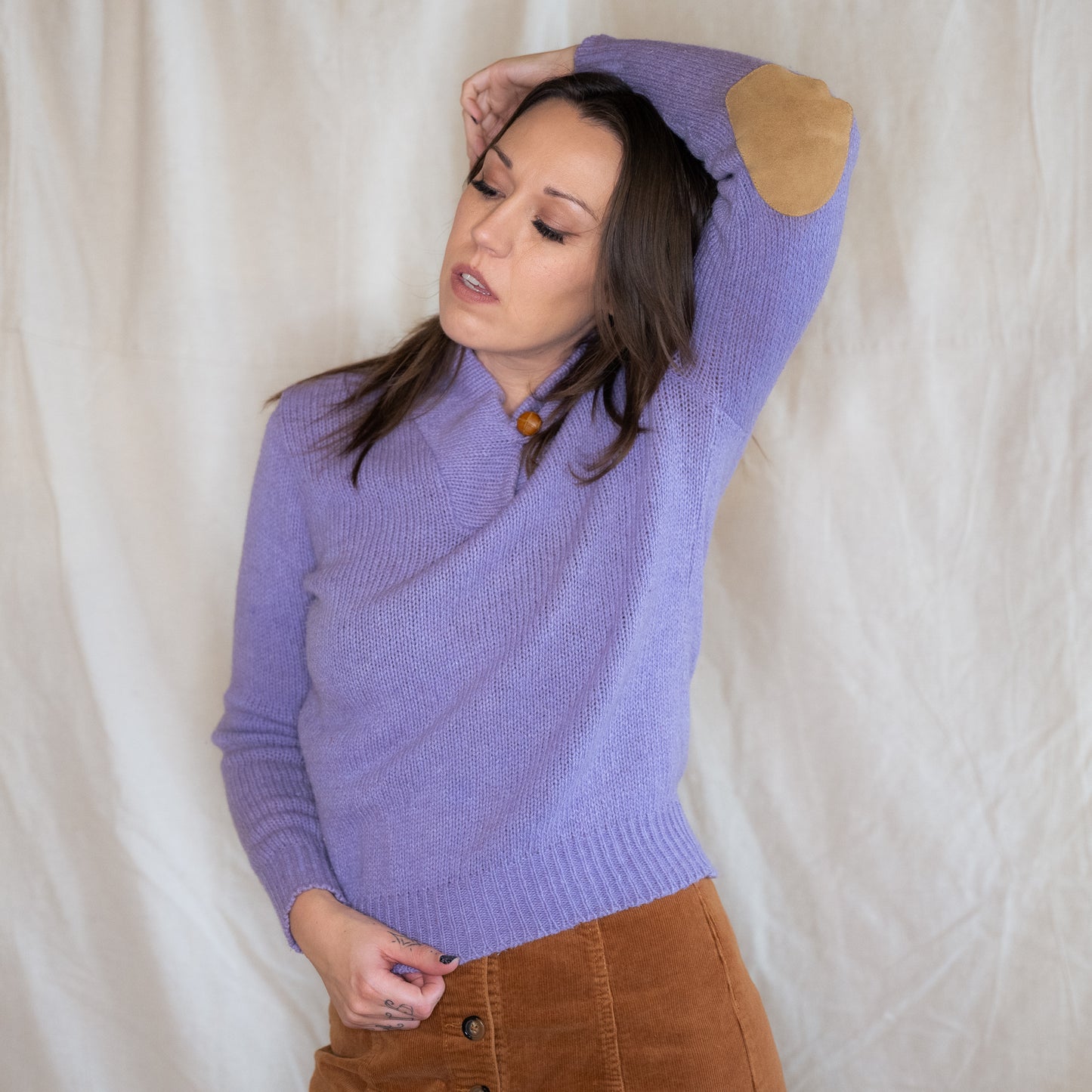 vintage 70s purple wool sweater with elbow pads