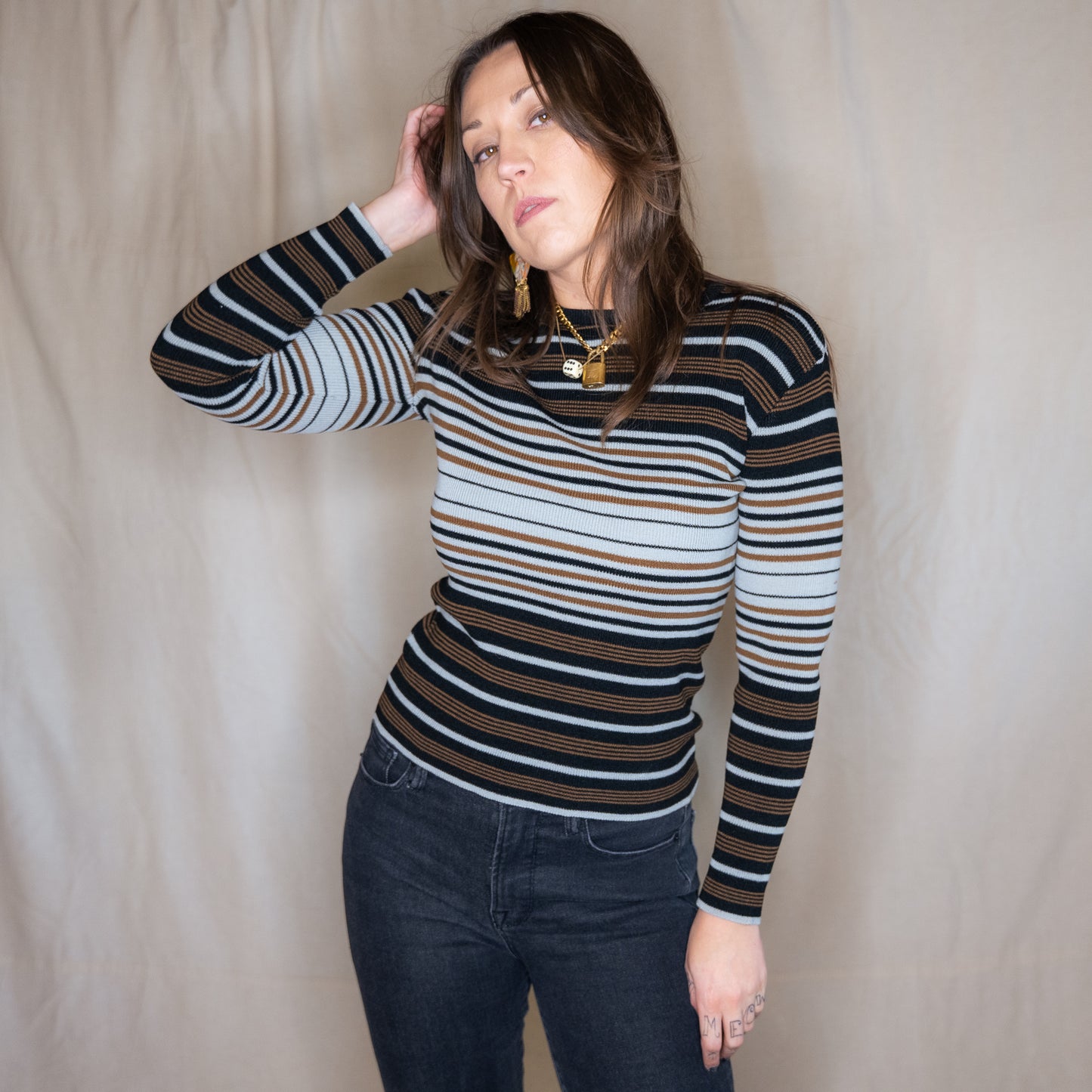 vintage 1970s retro striped long sleeve knit top