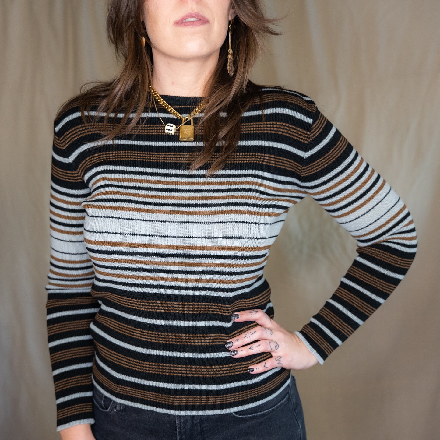vintage 1970s retro striped long sleeve knit top