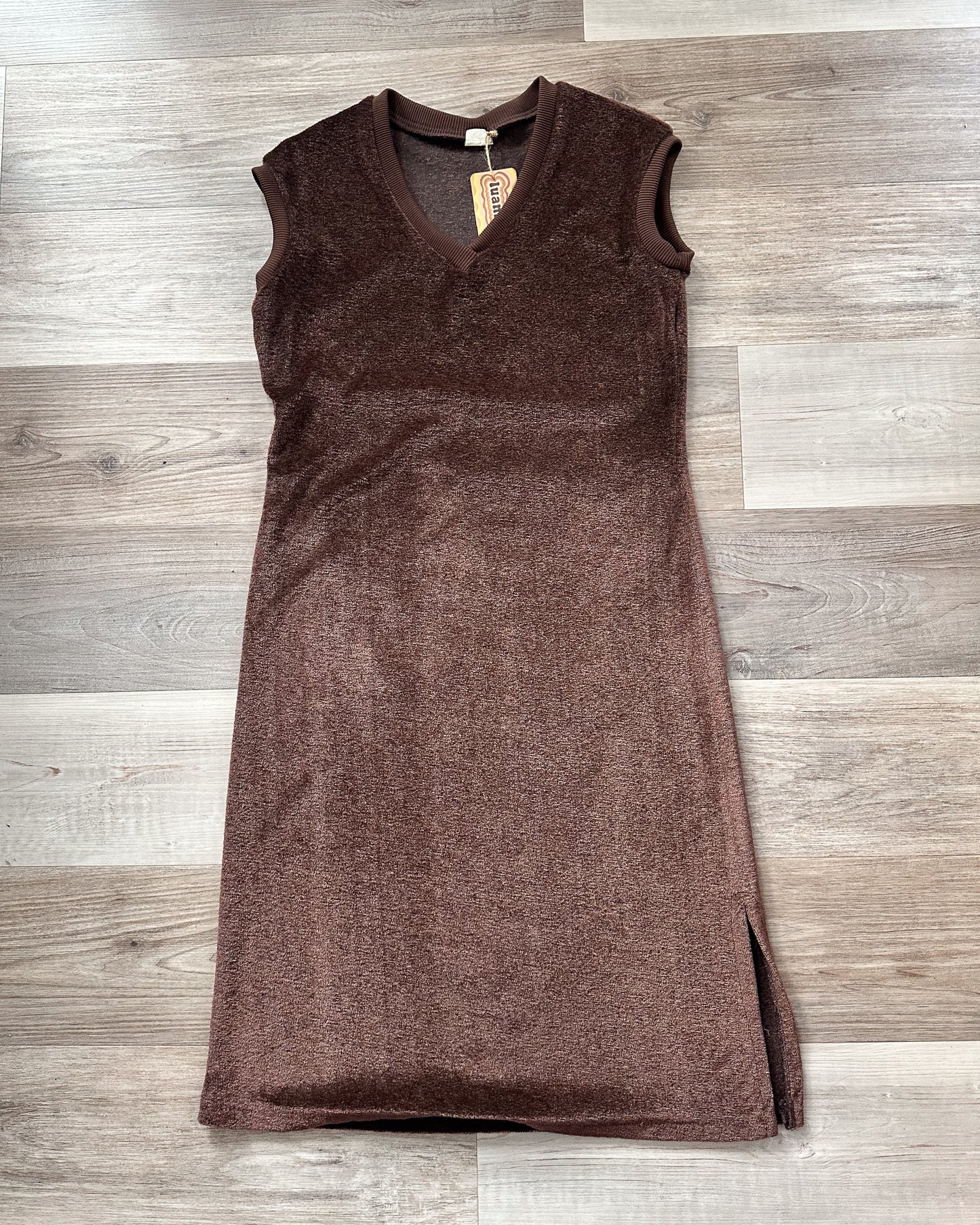 vintage 1970s velour sleeveless chocolate brown dress