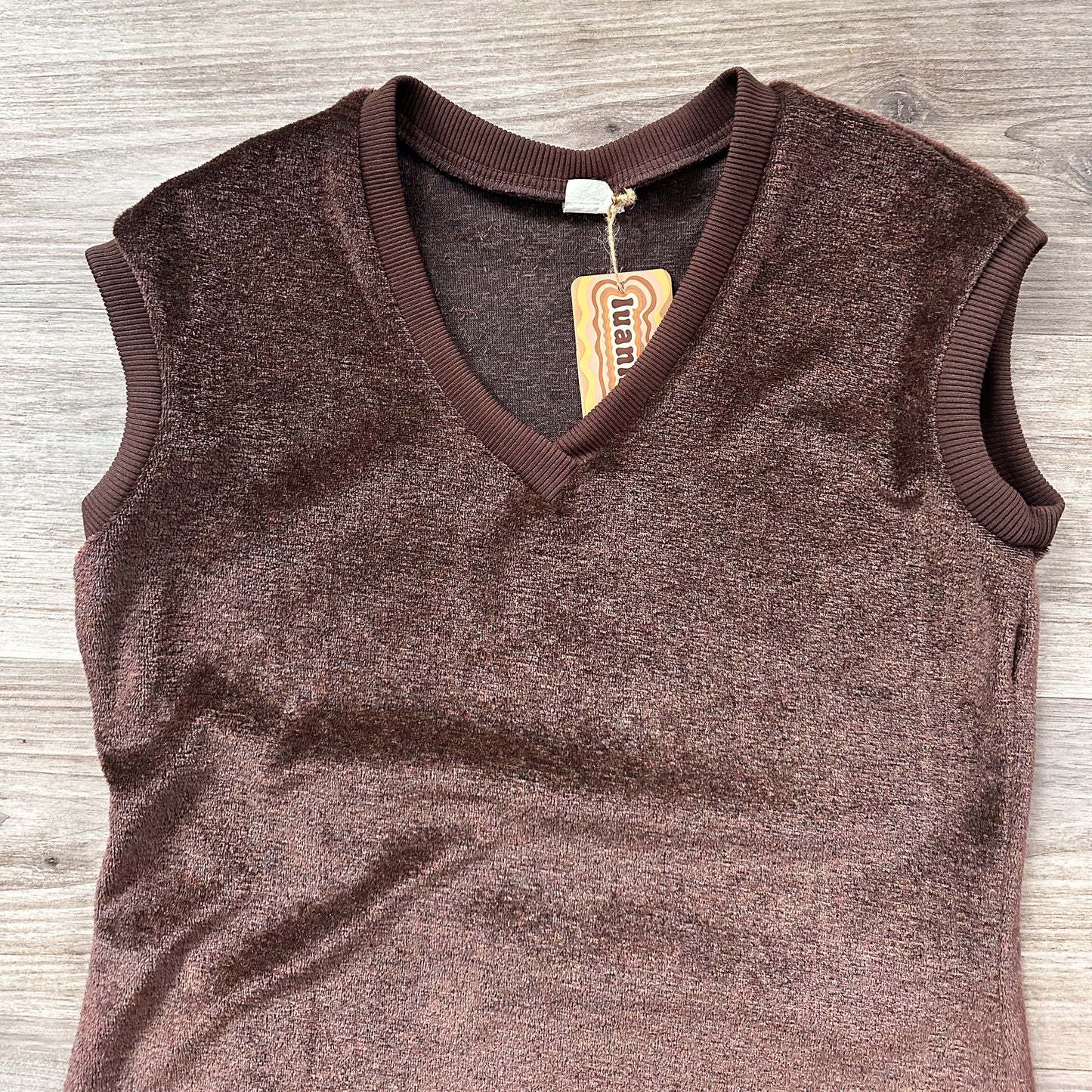 vintage 1970s velour sleeveless chocolate brown dress