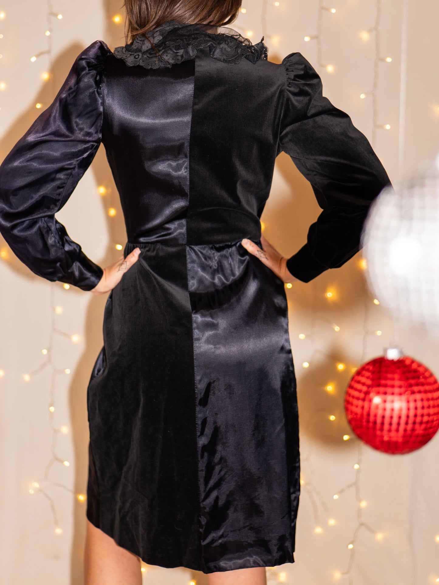 maison d' ellas haute couture vintage 60s velvet satin wrap dress with lace collar