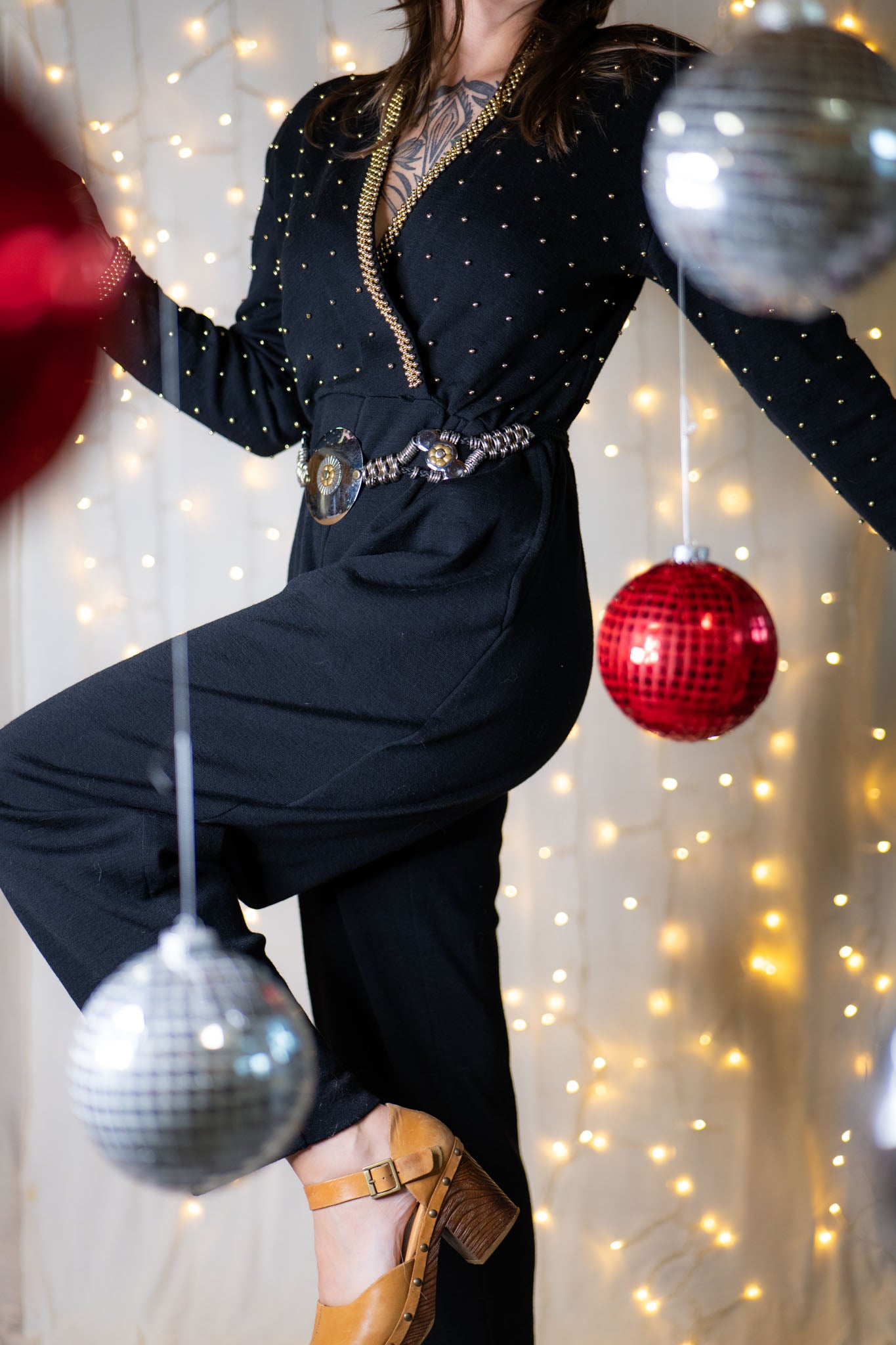 vintage 80s black + gold beaded wool jumpsuit