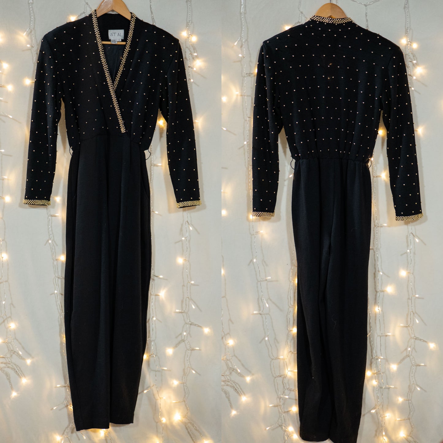 vintage 80s black + gold beaded wool jumpsuit