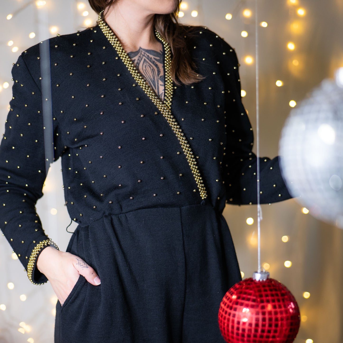 vintage 80s black + gold beaded wool jumpsuit