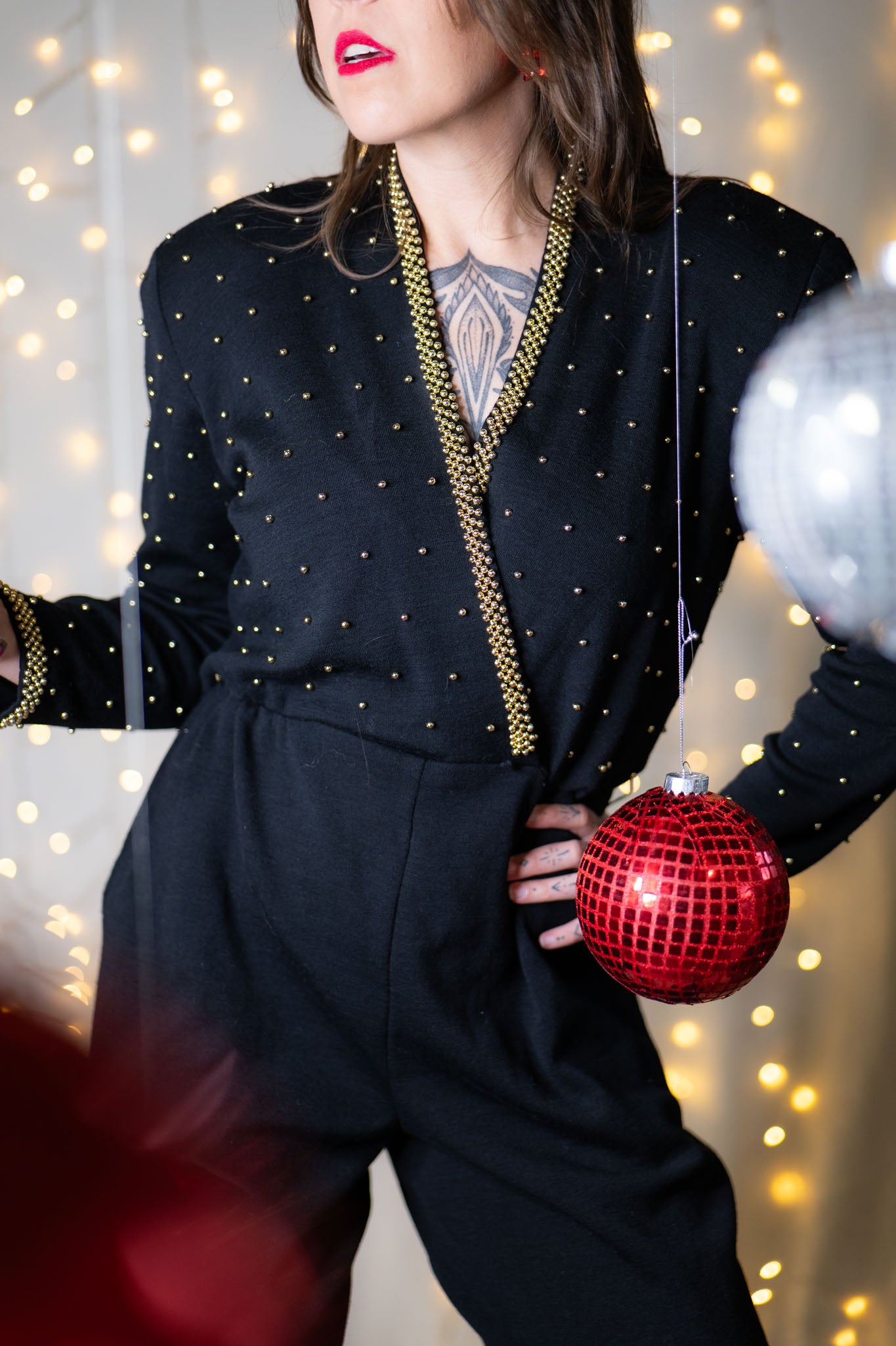 vintage 80s black + gold beaded wool jumpsuit
