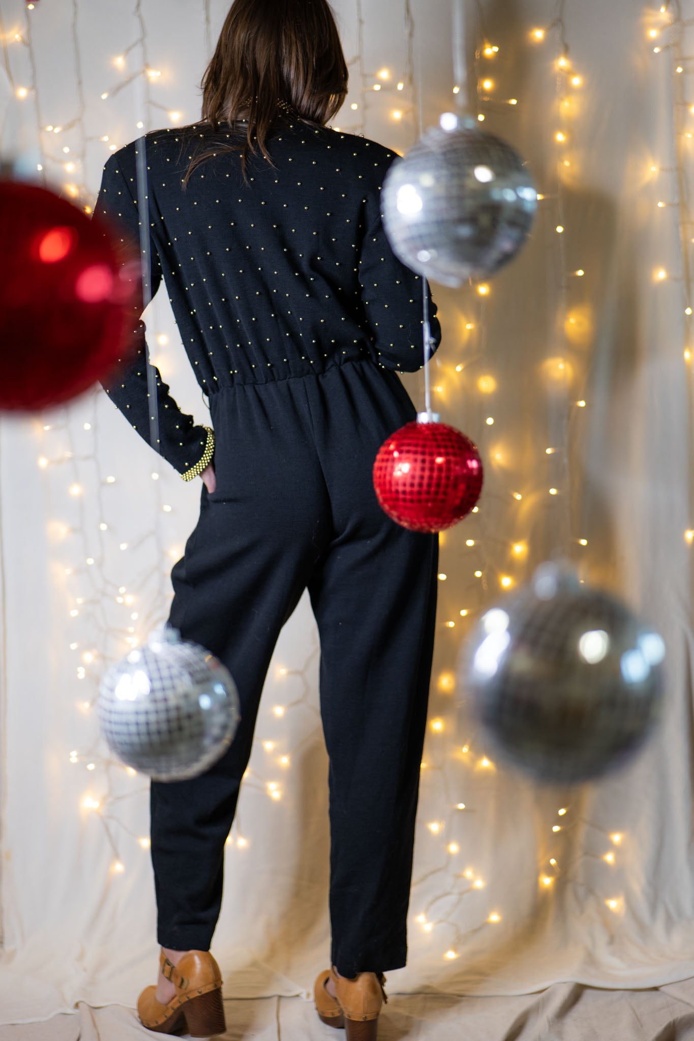 vintage 80s black + gold beaded wool jumpsuit