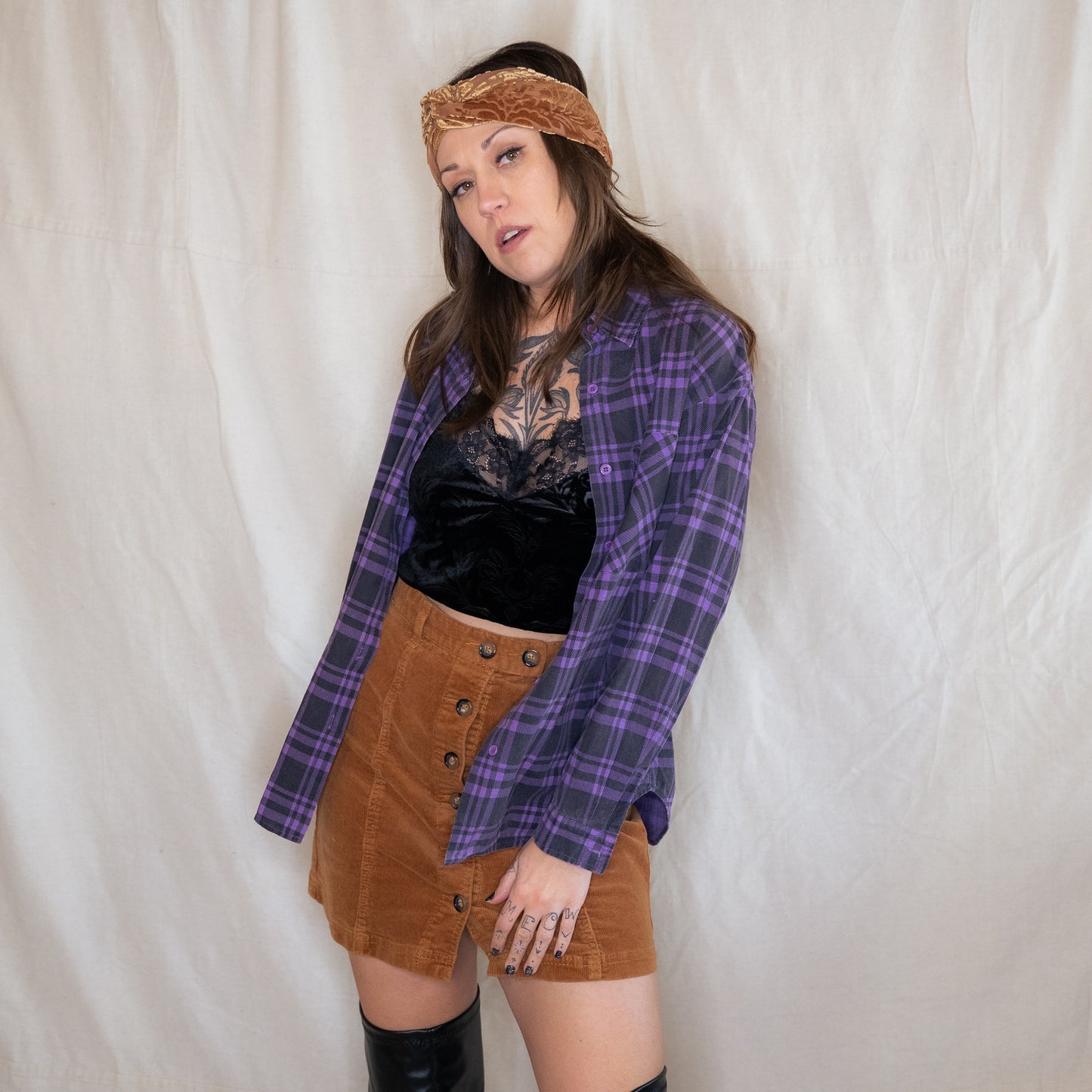 vintage 1980s purple & black plaid button up collar shirt