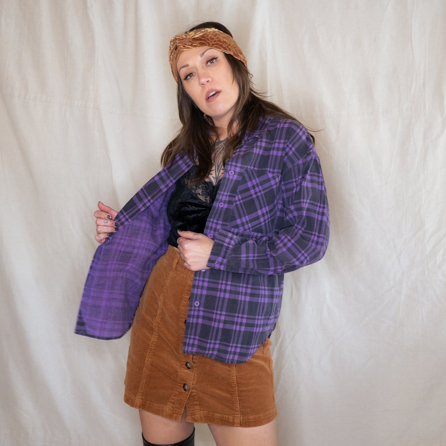 vintage 1980s purple & black plaid button up collar shirt
