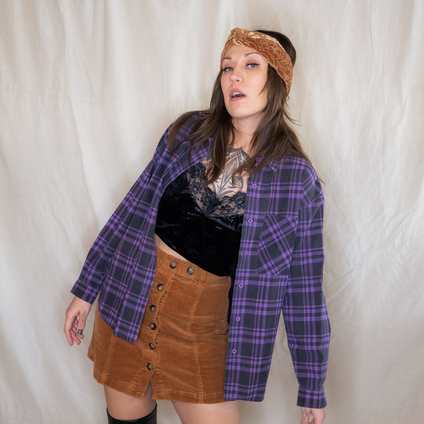 vintage 1980s purple & black plaid button up collar shirt
