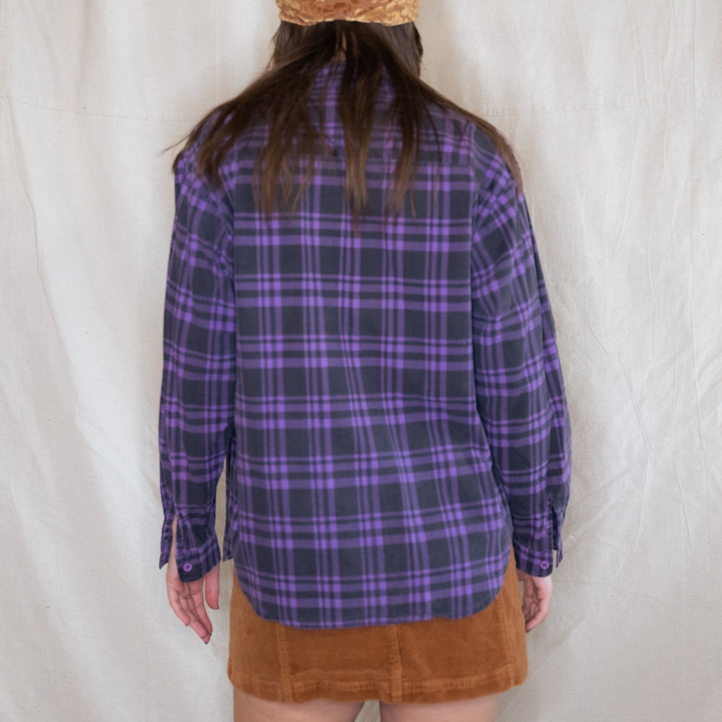 vintage 1980s purple & black plaid button up collar shirt