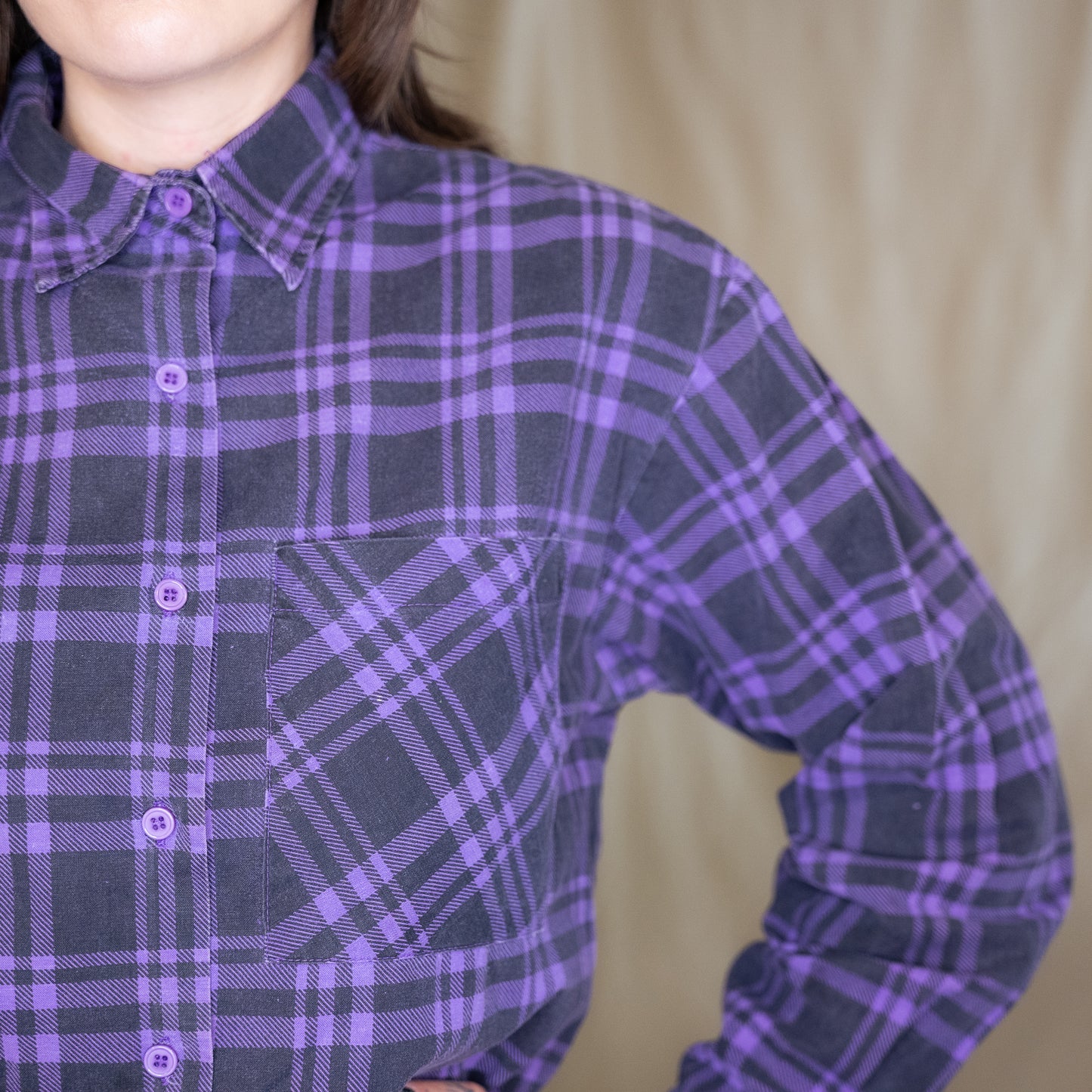 vintage 1980s purple & black plaid button up collar shirt