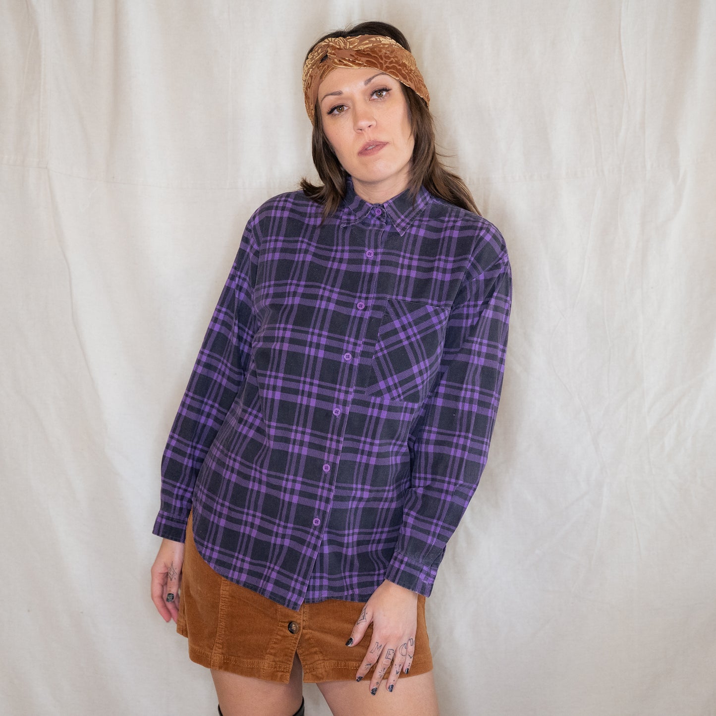 vintage 1980s purple & black plaid button up collar shirt