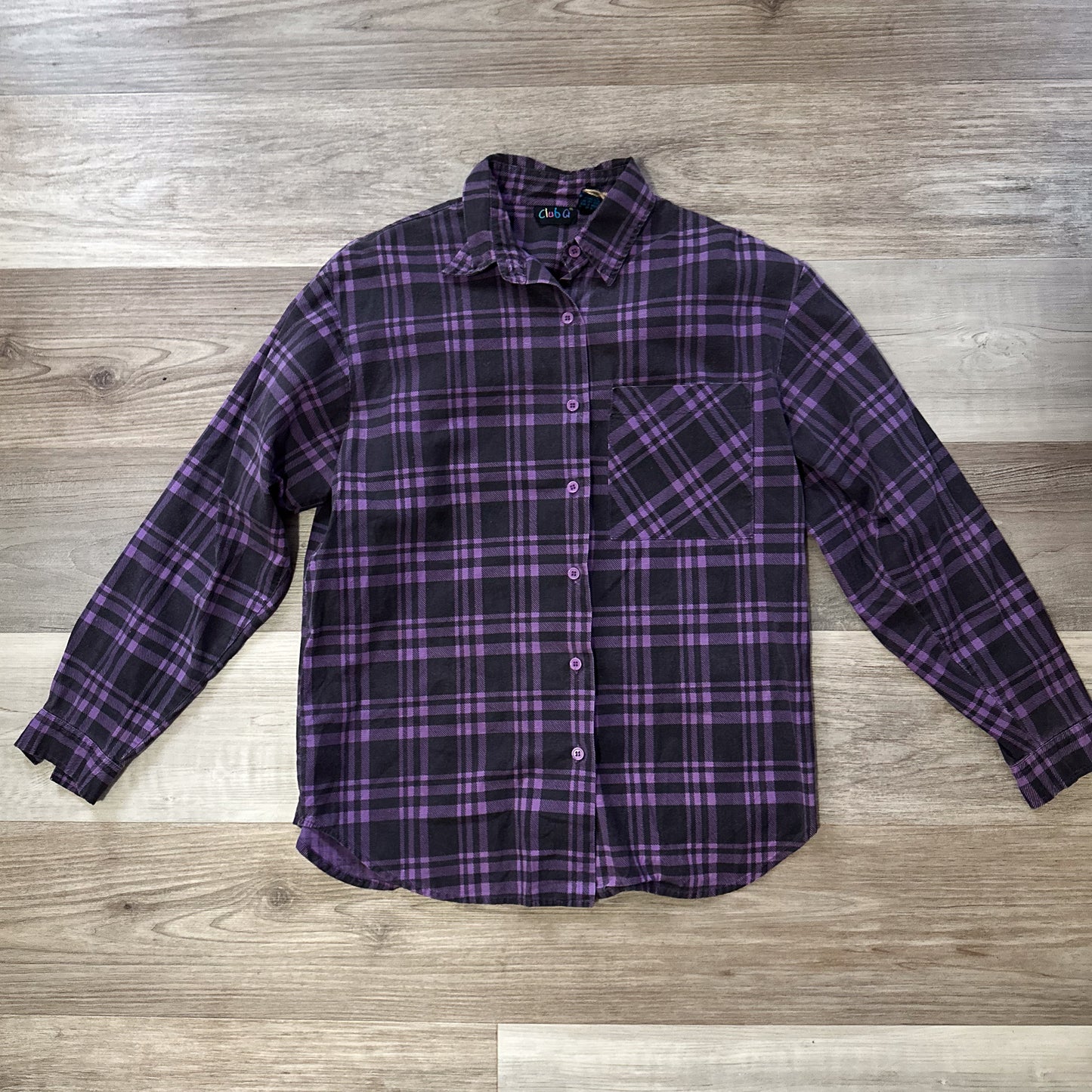 vintage 1980s purple & black plaid button up collar shirt