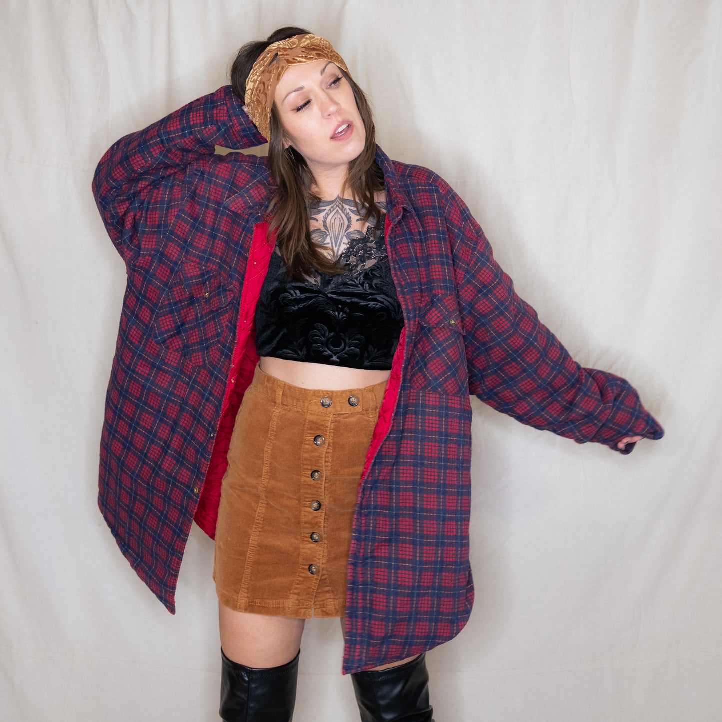 vintage 1980s red & navy blue quilted flannel shirt jacket
