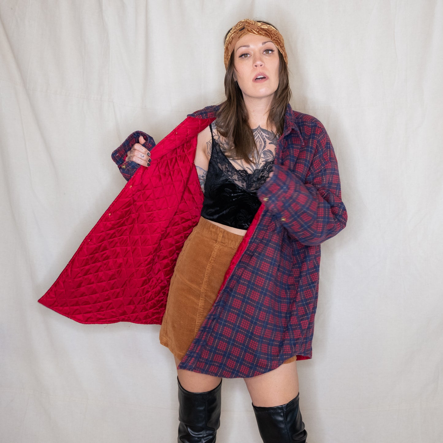 vintage 1980s red & navy blue quilted flannel shirt jacket