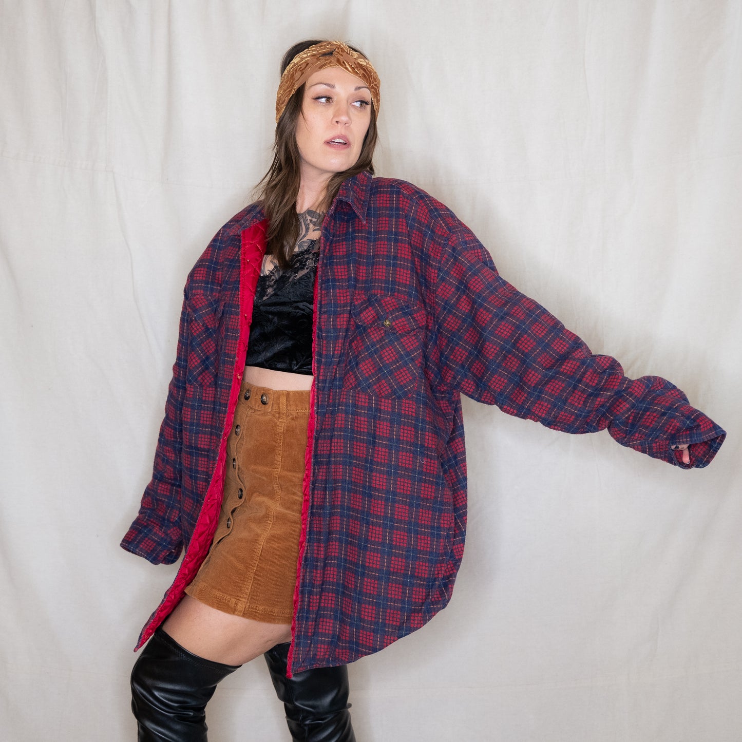 vintage 1980s red & navy blue quilted flannel shirt jacket