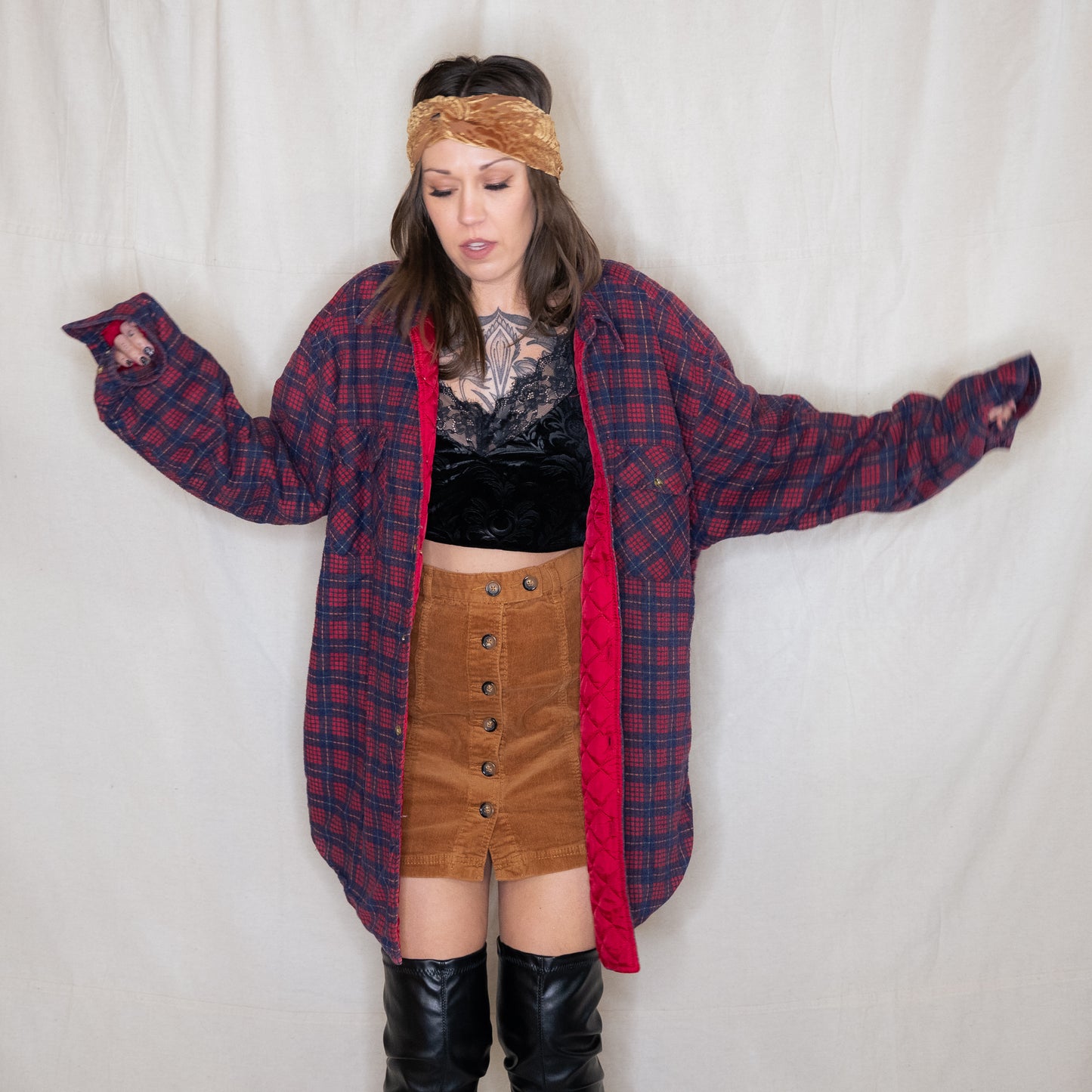 vintage 1980s red & navy blue quilted flannel shirt jacket