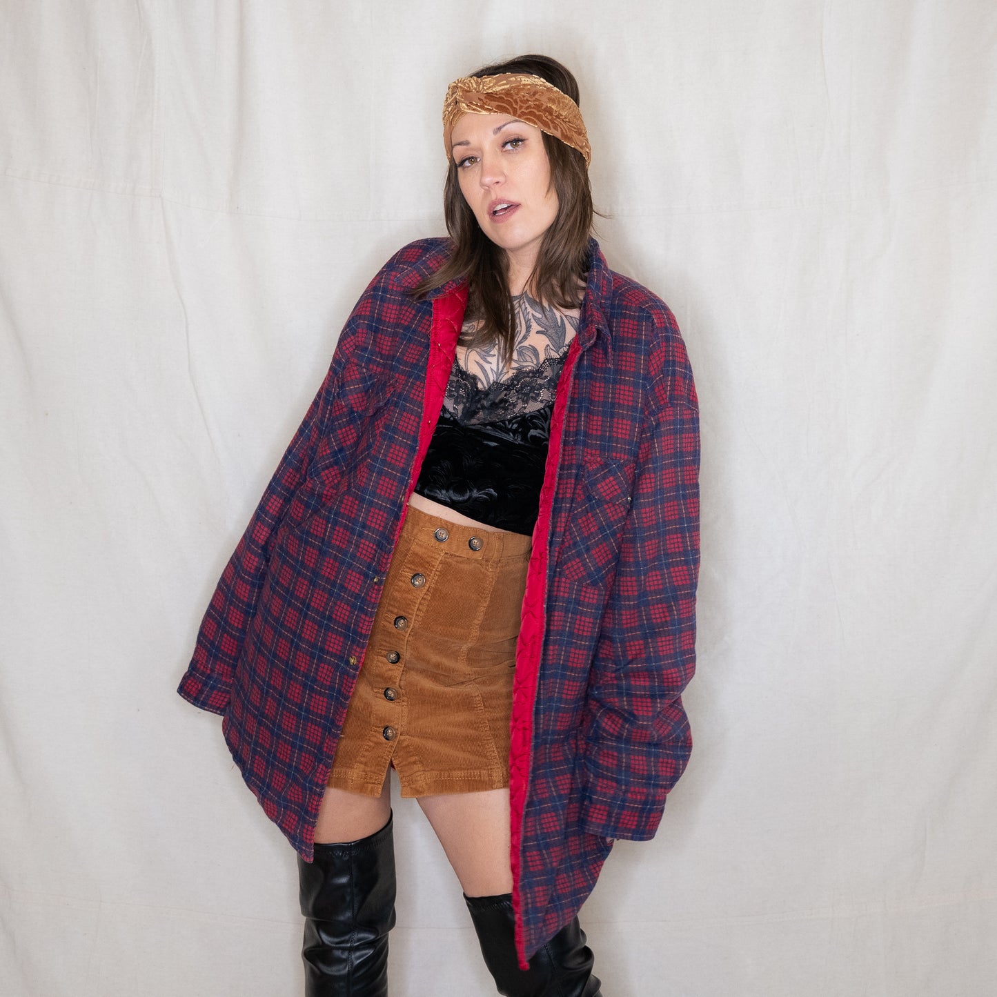 vintage 1980s red & navy blue quilted flannel shirt jacket