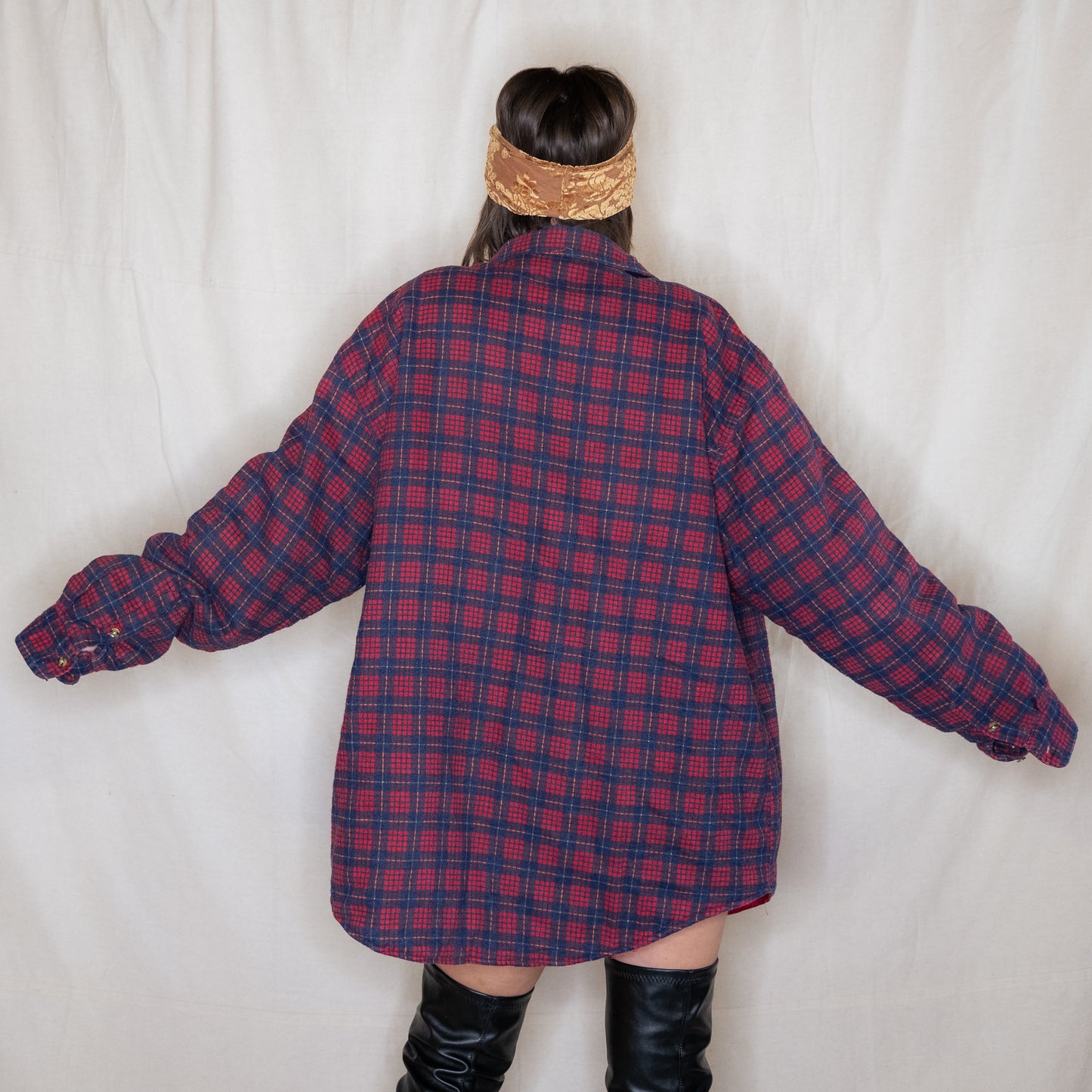 vintage 1980s red & navy blue quilted flannel shirt jacket