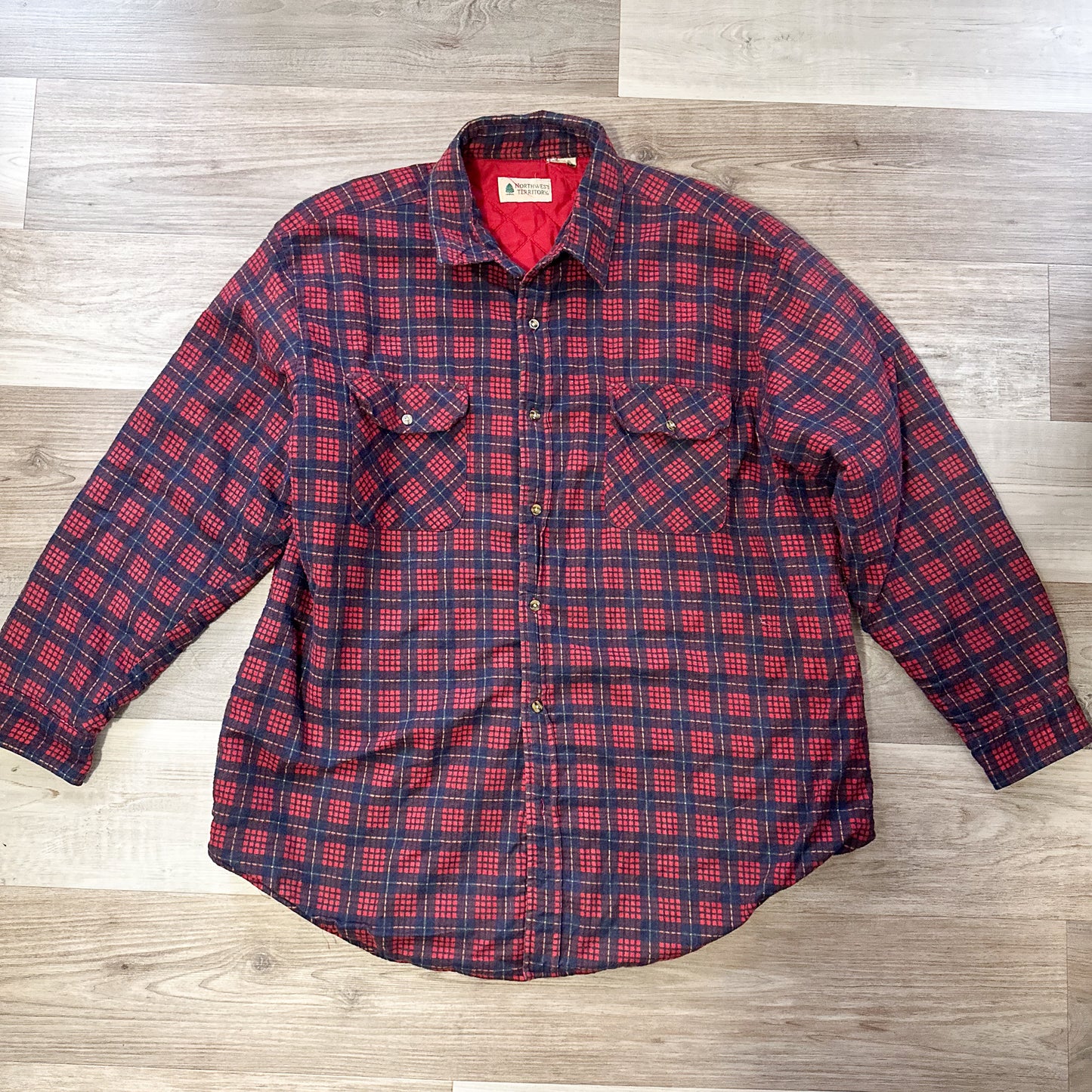 vintage 1980s red & navy blue quilted flannel shirt jacket