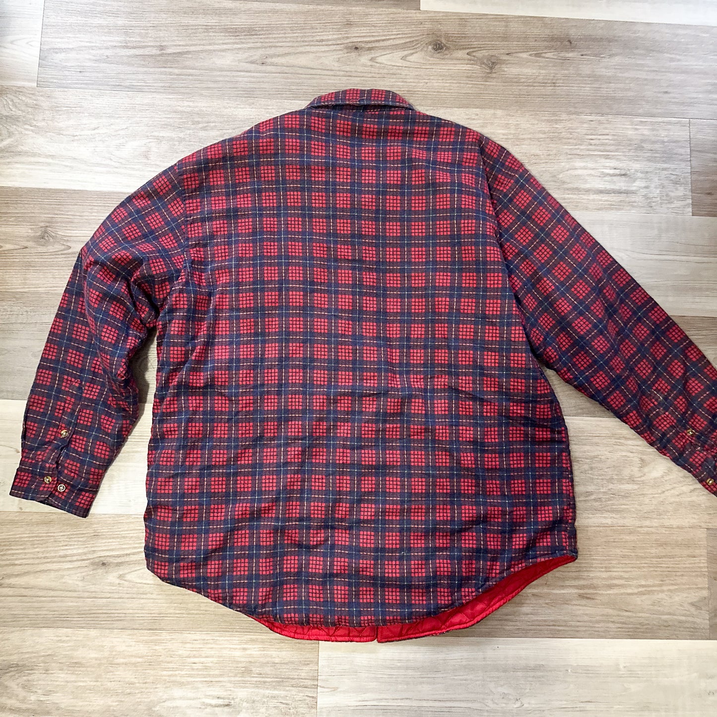 vintage 1980s red & navy blue quilted flannel shirt jacket