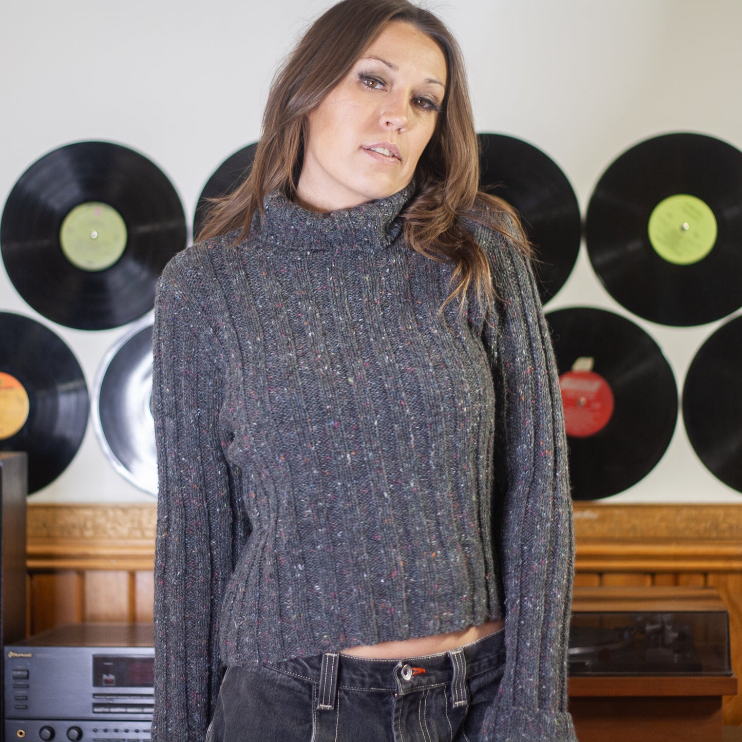 vintage 90s speckled grey rib knit turtleneck sweater