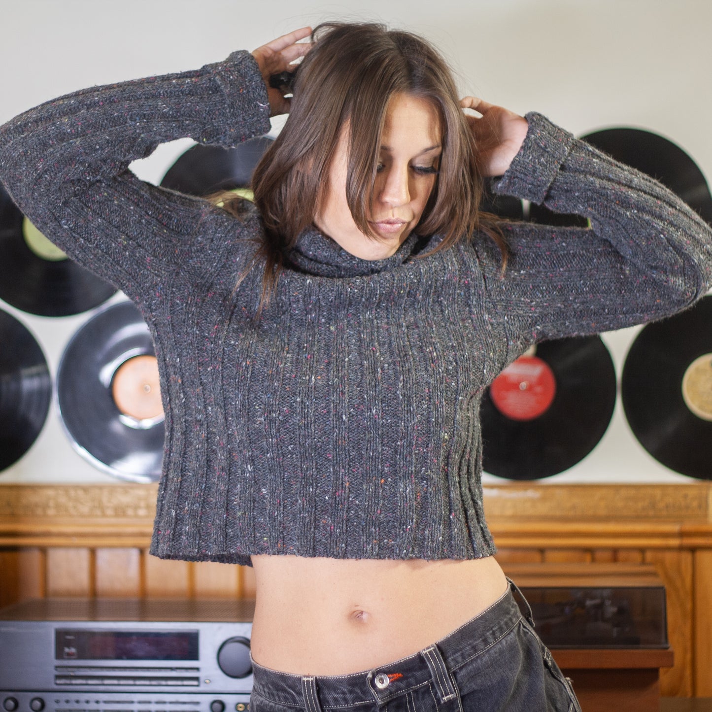 vintage 90s speckled grey rib knit turtleneck sweater