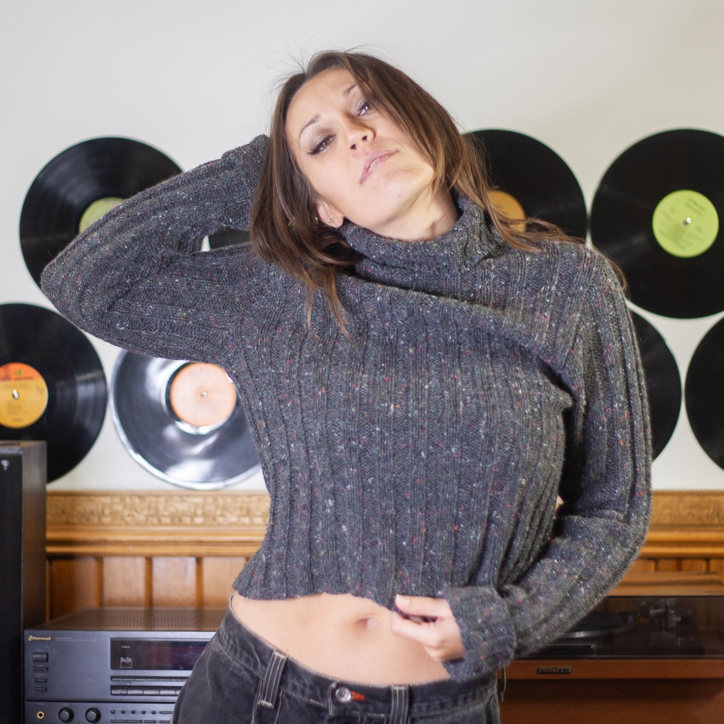 vintage 90s speckled grey rib knit turtleneck sweater