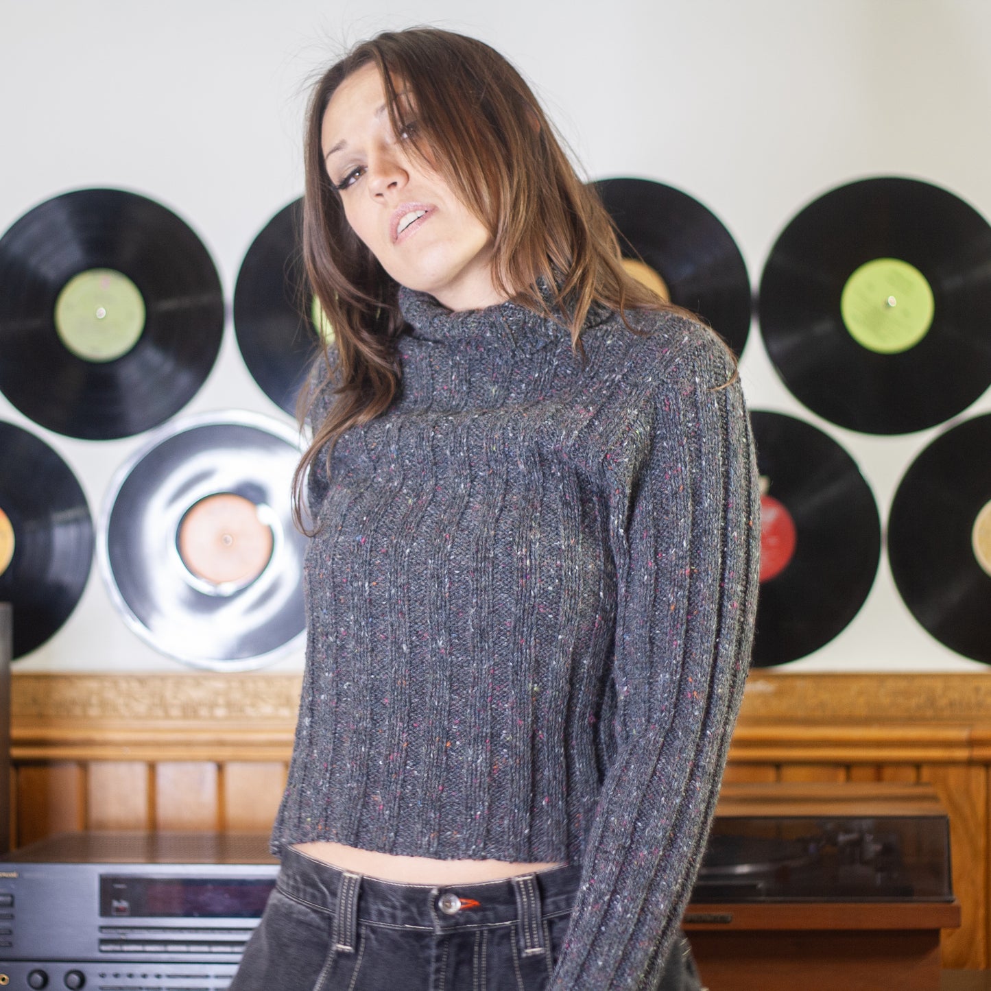 vintage 90s speckled grey rib knit turtleneck sweater